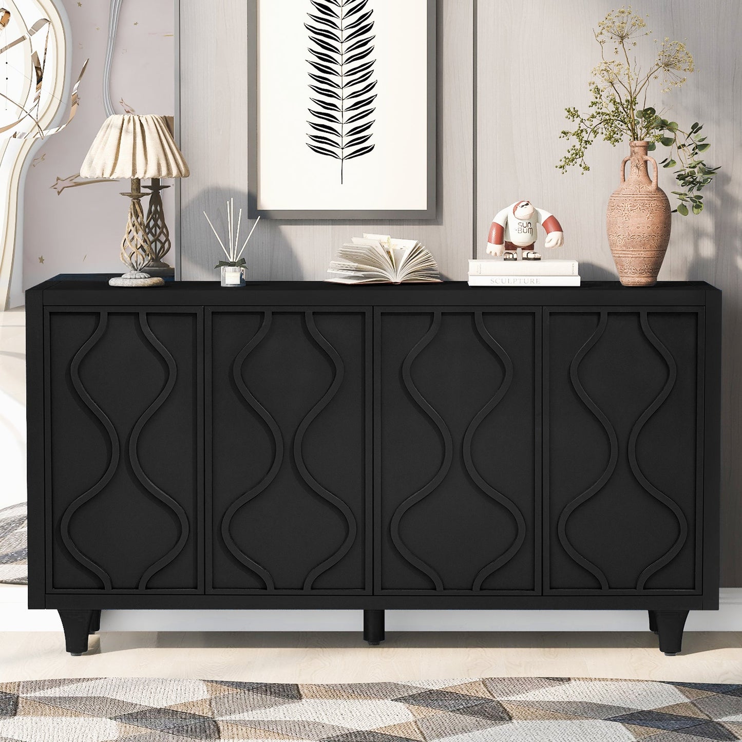 Stylish Storage Cabinet Sideboard Wooden Cabinet With Embossed Curved Doors,Suitable for Living Rooms