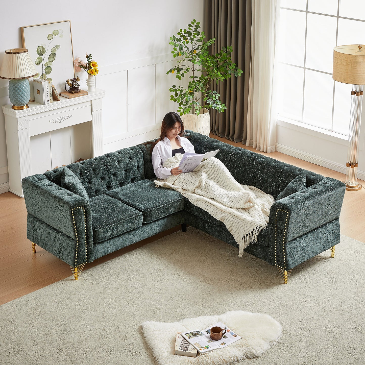 81.5-Inch Chenille Corner Sofa , L-Shaped Sectional Couch, 5-Seater Corner Sofas With 3 Cushions for Living Room, Bedroom