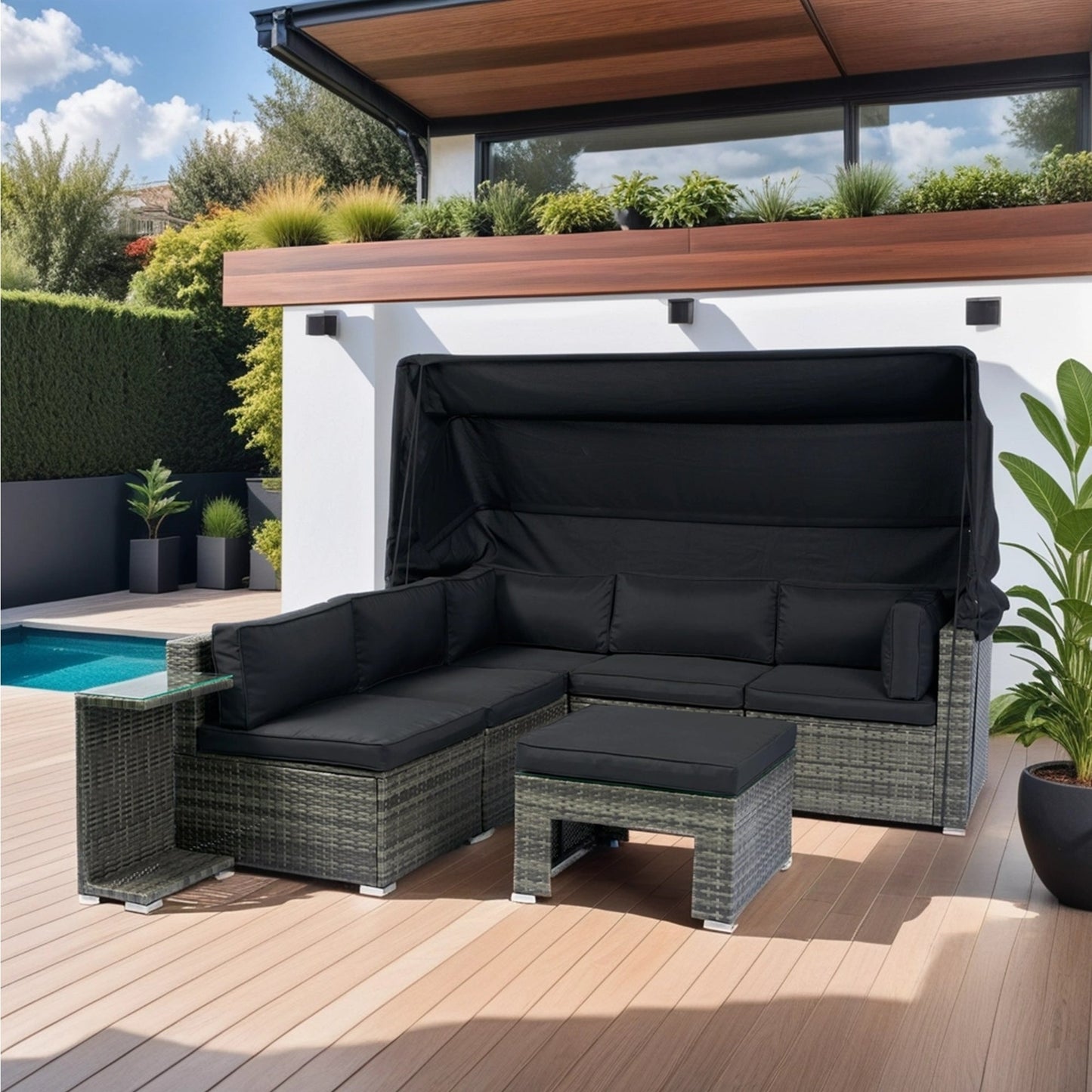 7-Piece Patio Furniture Set W/Retractable Canopy Wicker Rattan Sectional Sofa Set Patio Furniture With Washable Cushions