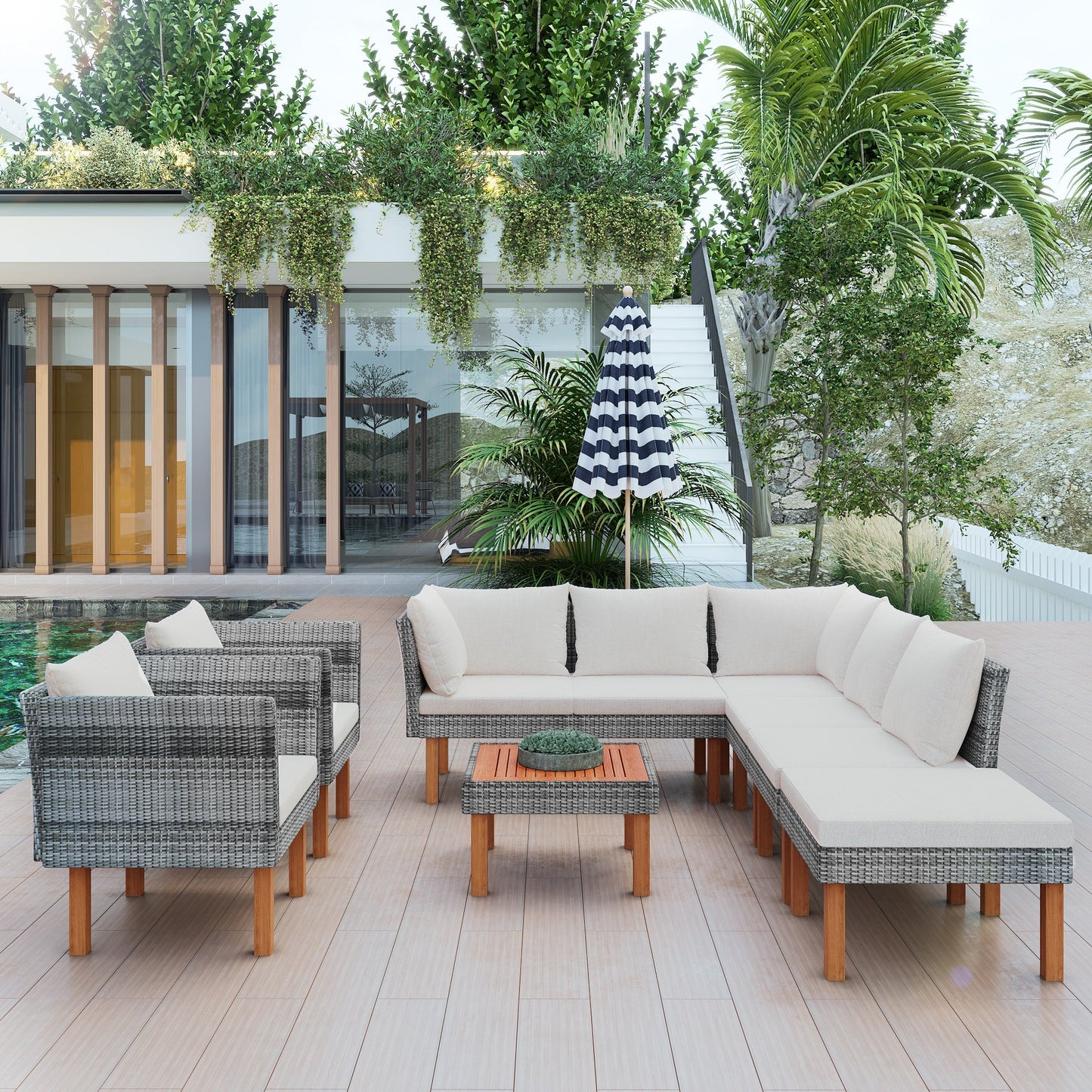 9-Piece Outdoor Patio Garden Wicker Sofa Set, Gray PE Rattan Sofa Set, With Wood Legs, Acacia Wood Tabletop