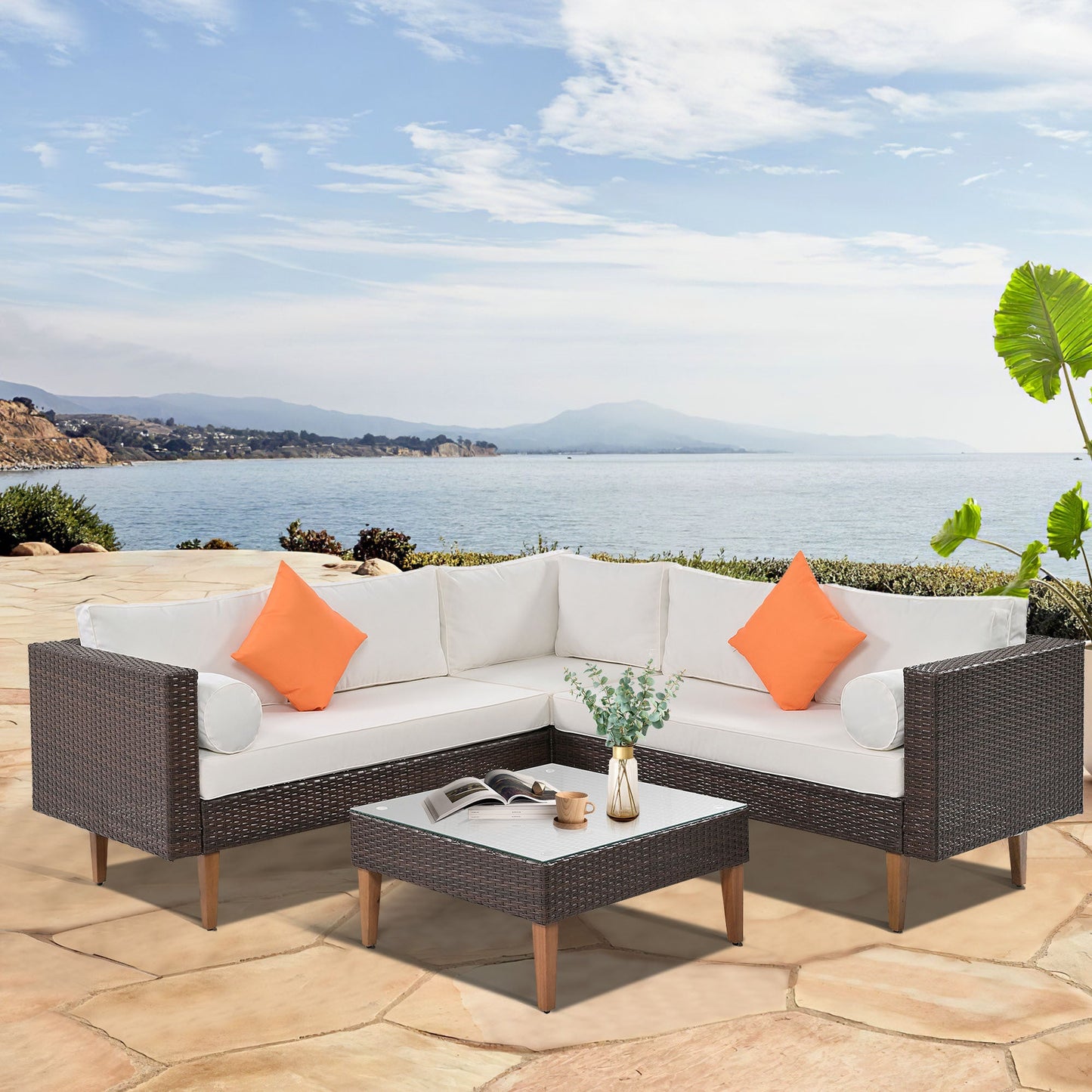 4-Pieces Outdoor Wicker Sofa Set, Patio Furniture With Colorful Pillows, L-Shape Sofa Set