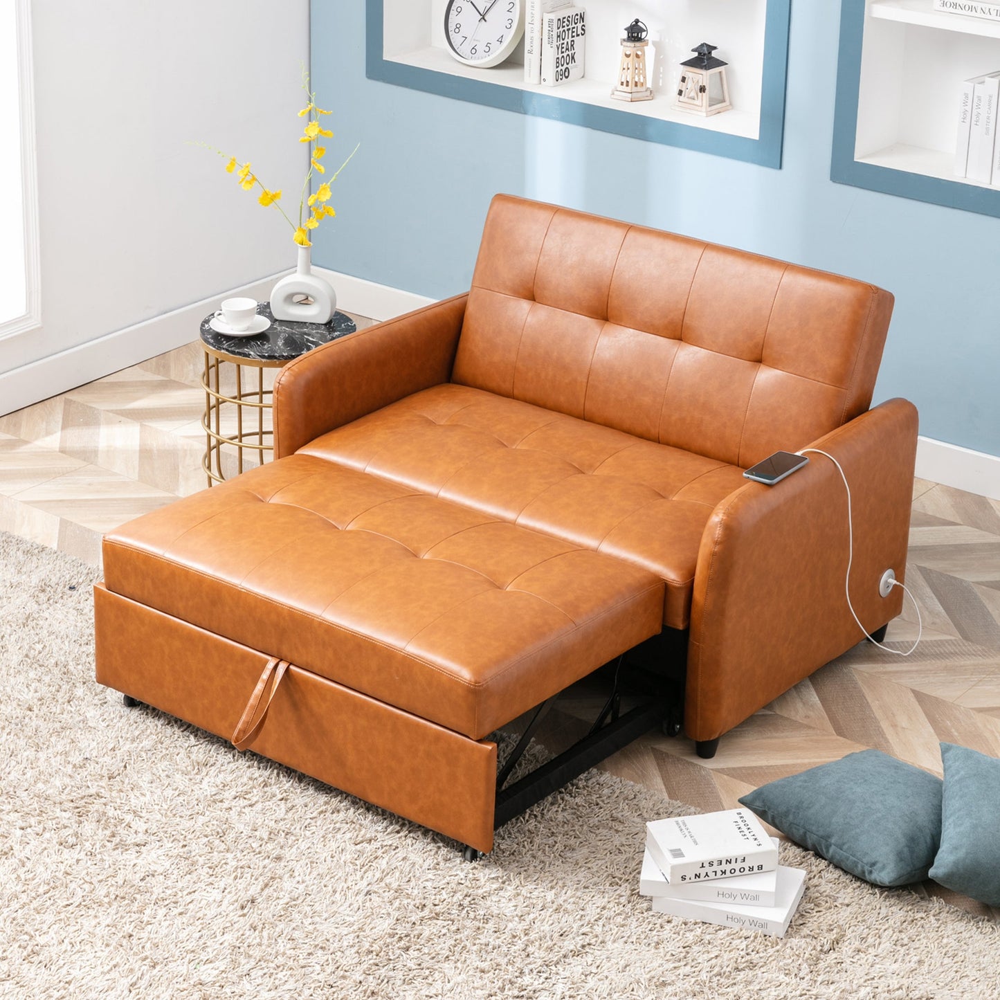 51" Convertible Sleeper Bed, Adjustable Oversized Armchair With Dual USB Ports for Small Space