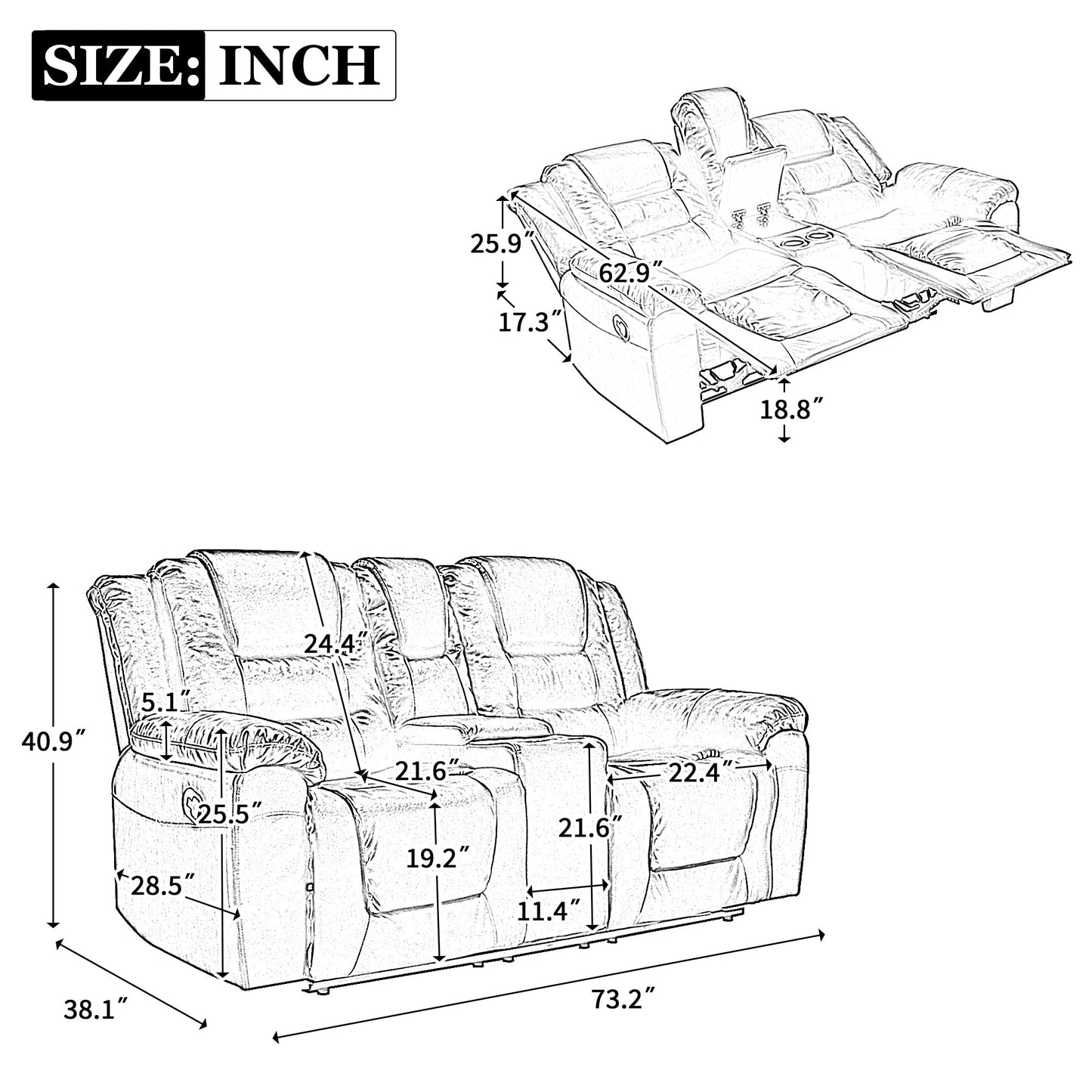 2 Seater Home Theater Recliner Manual Recliner Chair With a Storage Box and Two Cup Holders for Living Room,Bedroom, Black