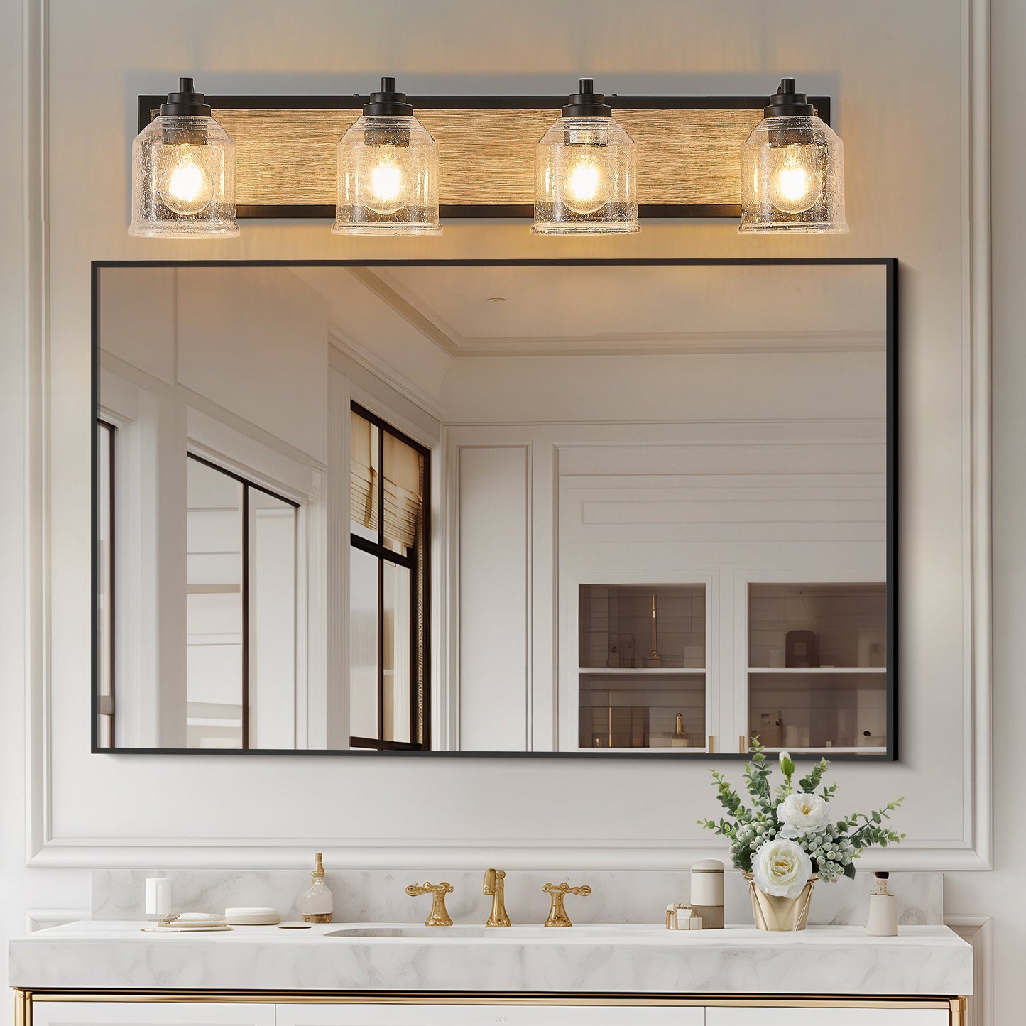 Farmhouse Vanity Light Fixture, 4-Light Bathroom Wall Sconce With Clear Seeded Glass Shades, Rustic Black Finish