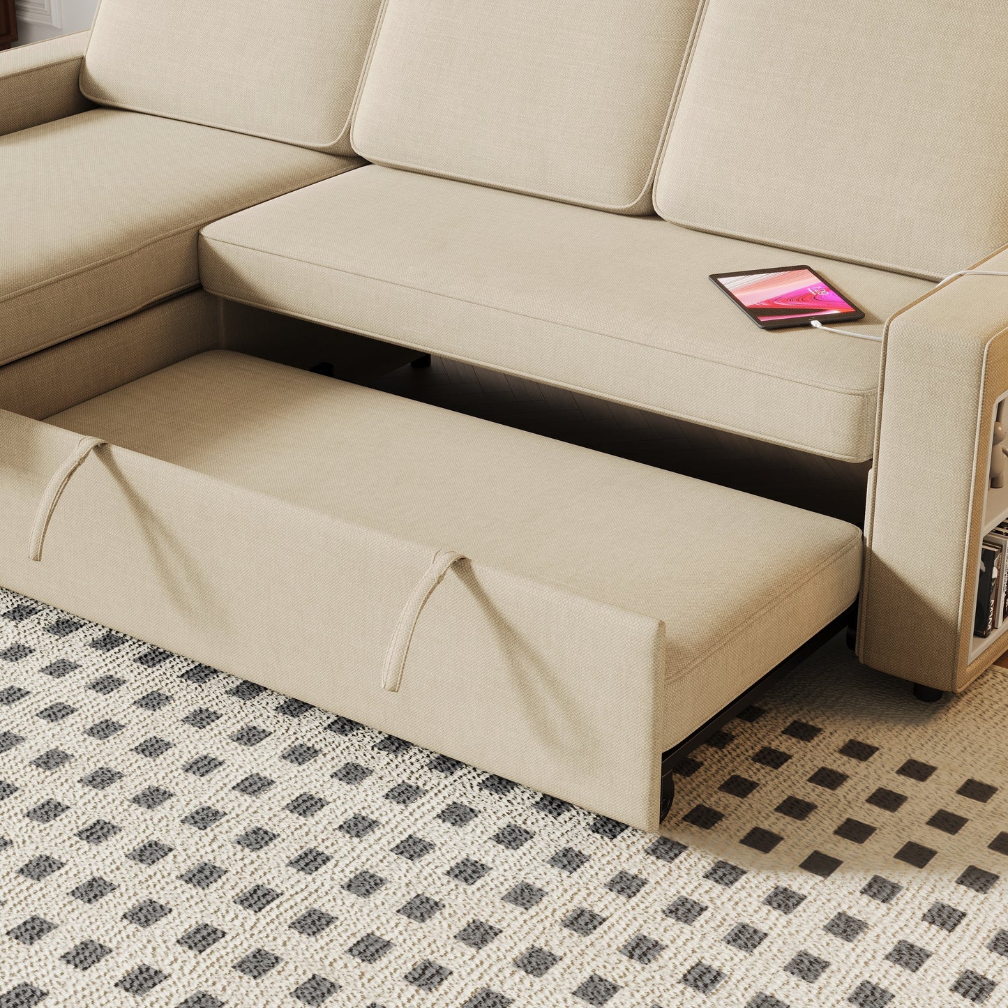 85.8" Pull Out Sleeper Sofa L-Shaped Couch Convertible Sofa Bed With Storage Chaise and Storage Racks,With USB Port