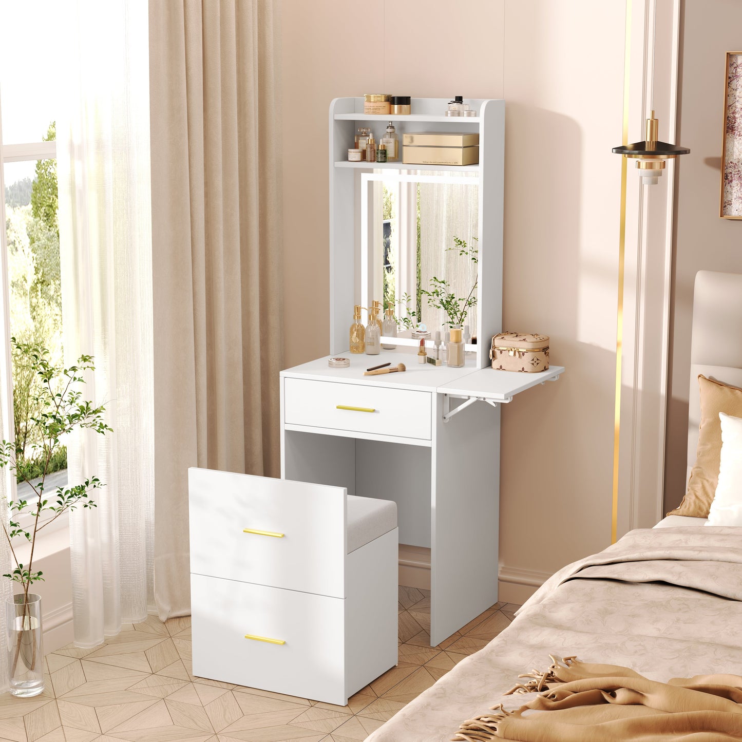 Small Vanity Desk With Mirror and Light, Dressing Table With Charging Station & Fold-Up Panel for Small Space, Compact