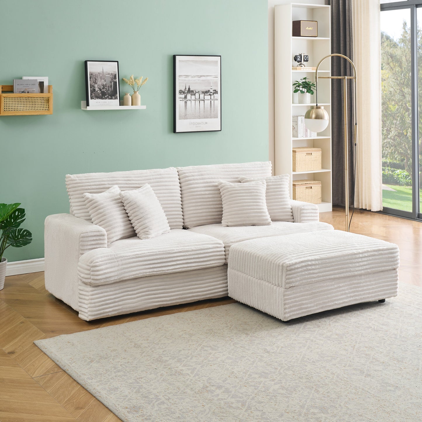 82 Inches White Corduroy Sofa, Storage Feet +4 Throw Pillows, Create a Living Room, Office Fashion New Darling