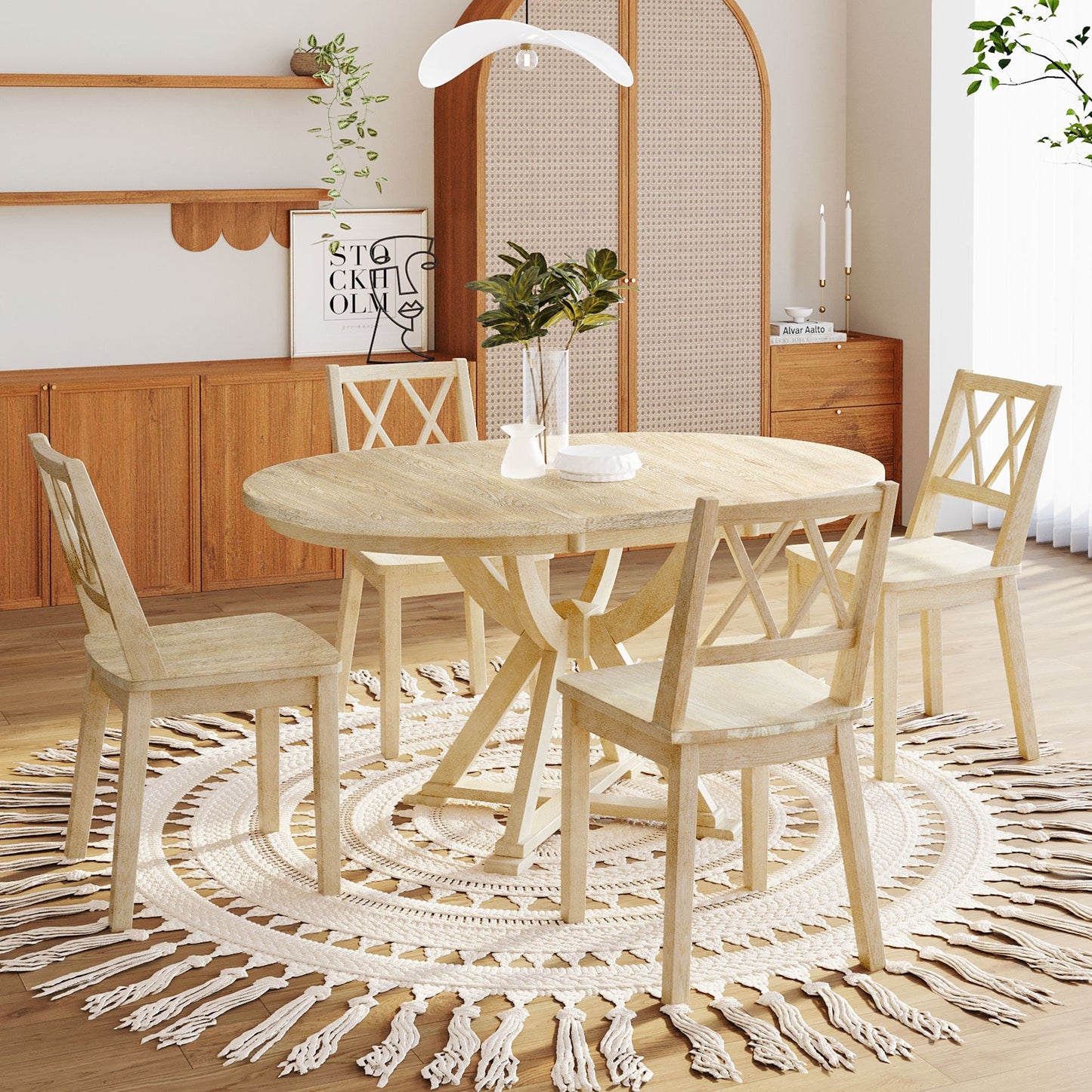 Mid-Century 5-Piece Extendable Round Dining Table Set With 15.7" Removable Leaf and 4 Cross Back Dining Chairs, Natural