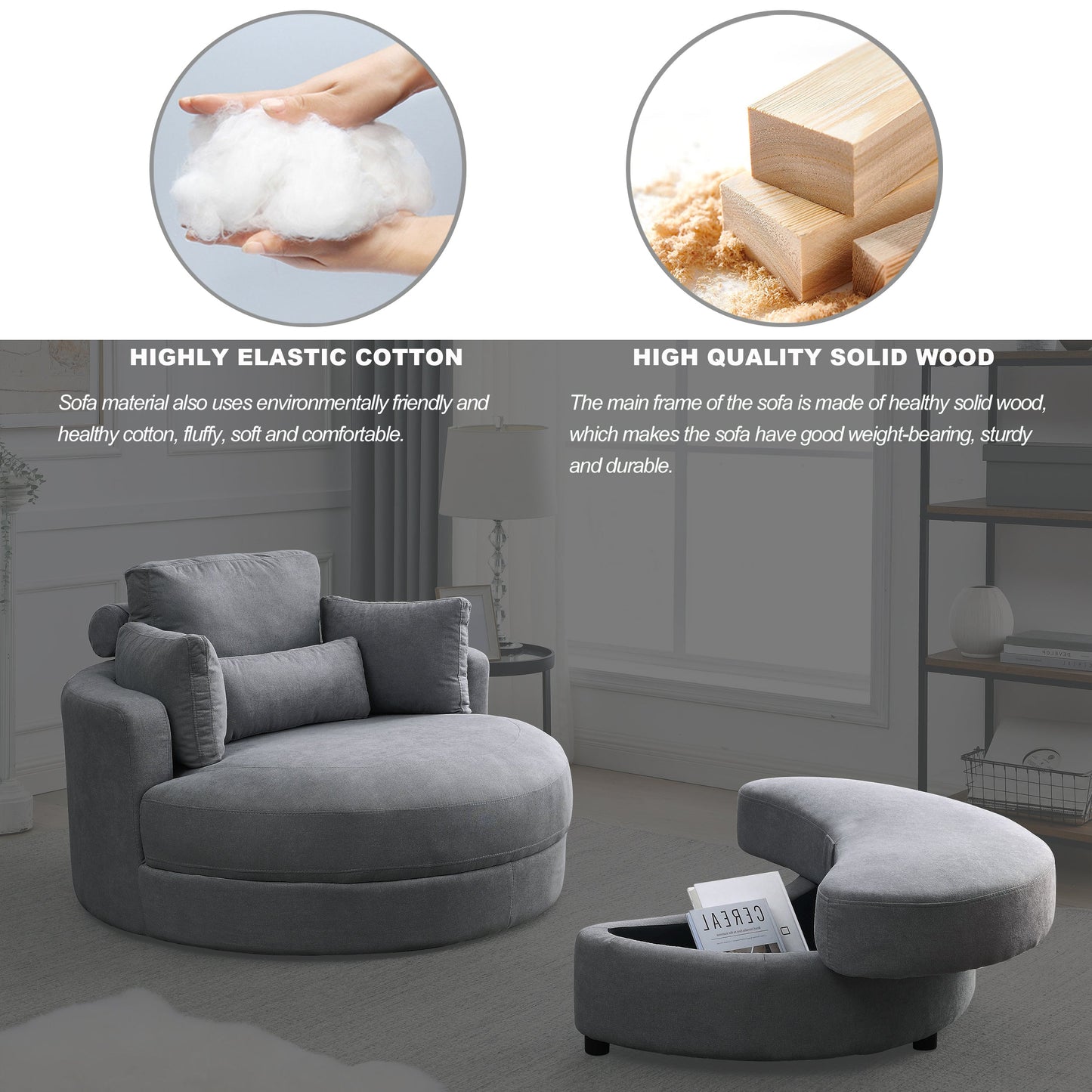 Swivel Accent Barrel Modern Dark Grey Sofa Lounge Club Big Round Chair With Storage Ottoman Linen Fabric for Living Room