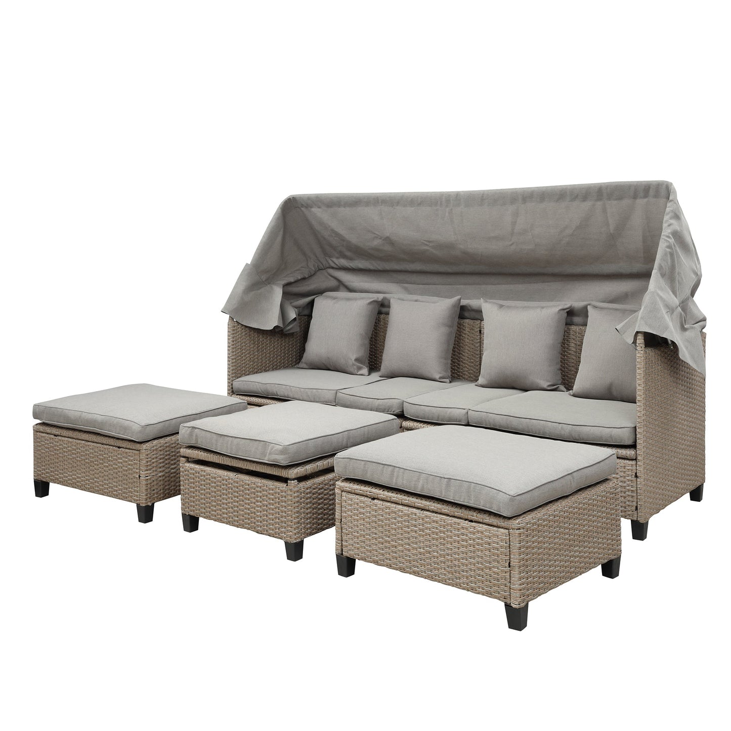 4 Piece UV-Proof Resin Wicker Patio Sofa Set With Retractable Canopy, Cushions and Lifting Table,Brown