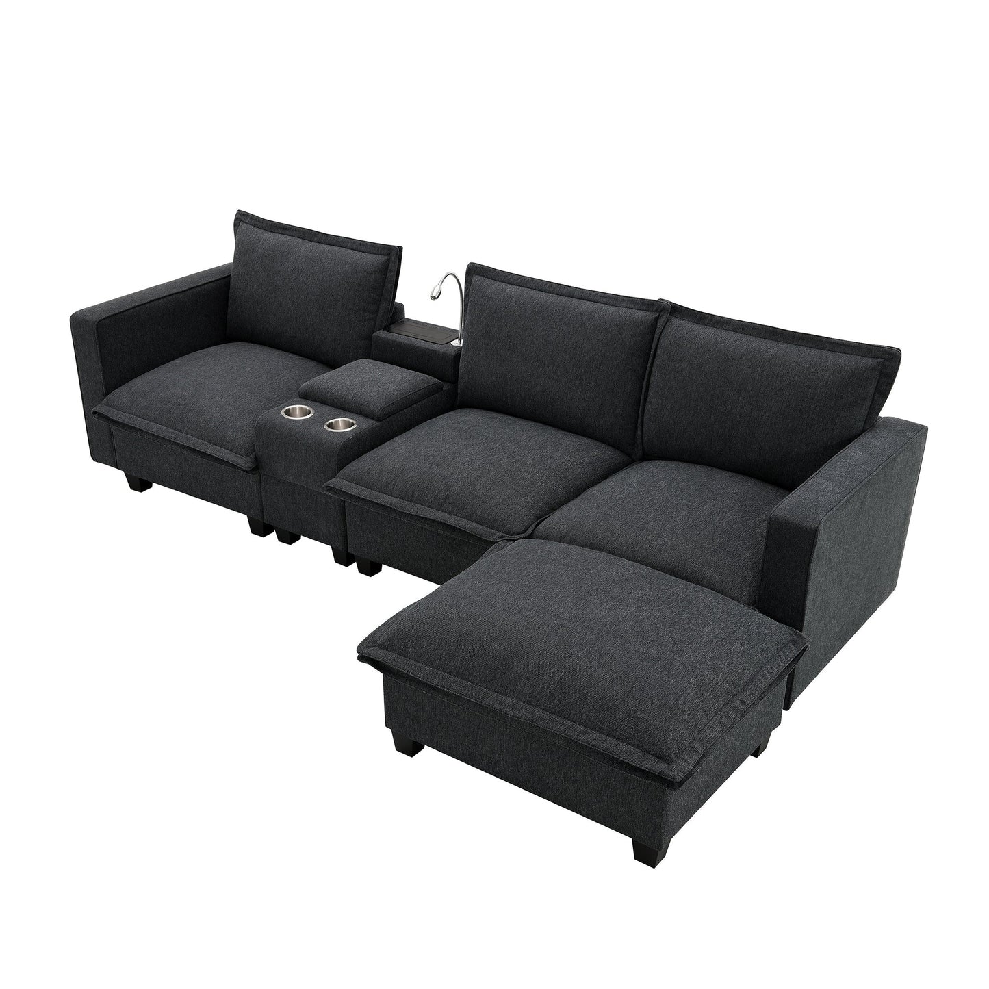 109*57" Modern Sectional Cloud Sofa With Console,USB Charger,Reading Light,Cup Holder,Wide Seat,4 Seat Chenille Modular