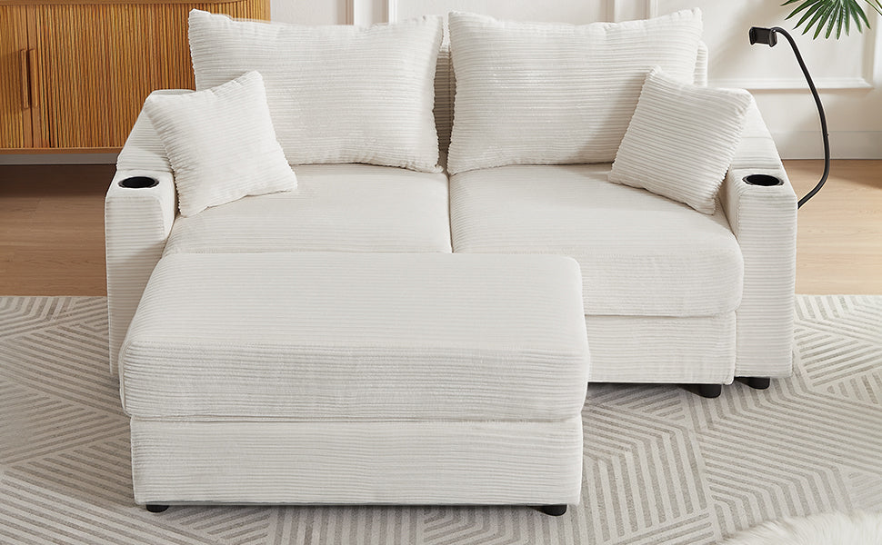 72.8" Modern Style Loveseat Sofa Sectional Sofa Couch With Storage Space, a Movable Ottoman, Two USB Ports, Two Cup Hold