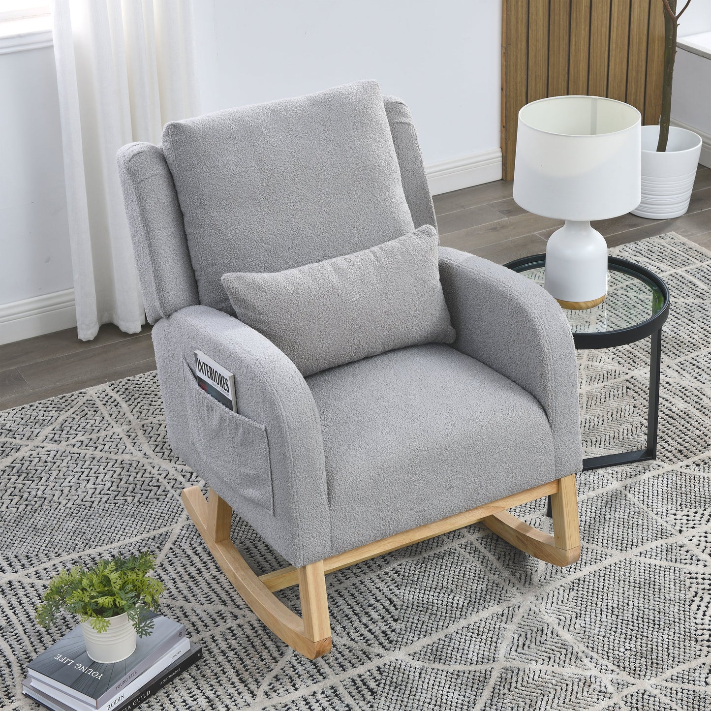 27.5 "W Modern Accent High Back Living Room Casual Armchair Rocker With One Lumbar Pillow, Two Side Pockets