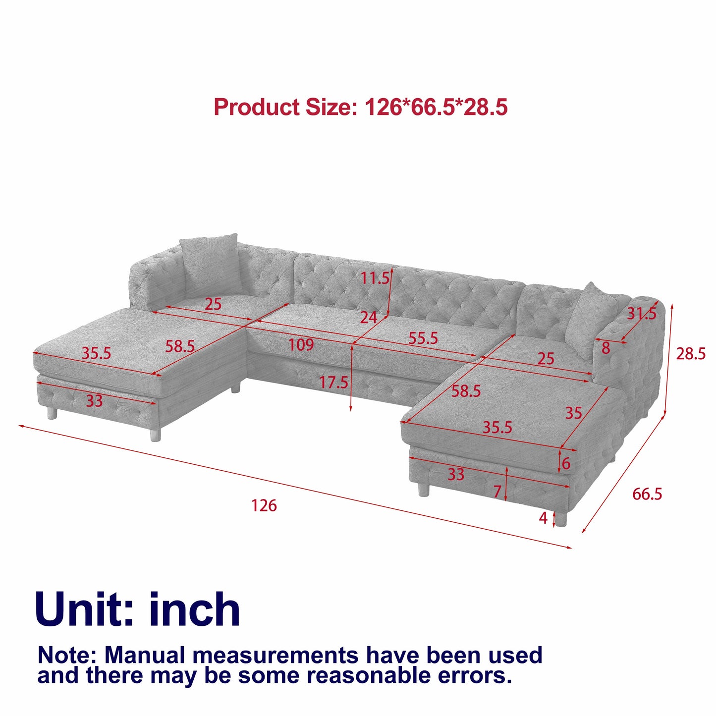 126-Inch Modern Style Chenille Three Piece Sofa, Pull Point Design U-Shaped Sofa Two Chaise Longue Seats, Two Pillows