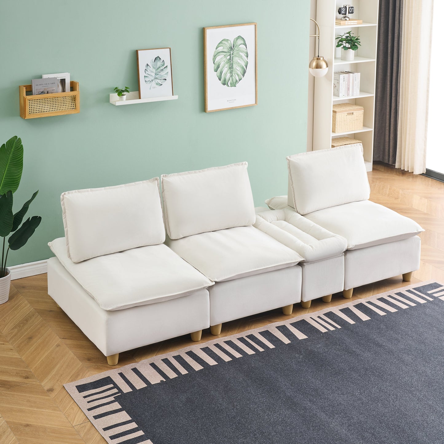 104-Inch Fashionable and Minimalist Straight-Row Three-Seater Off-White Flannel Sofa With a Storage Compartment, Cup Holder