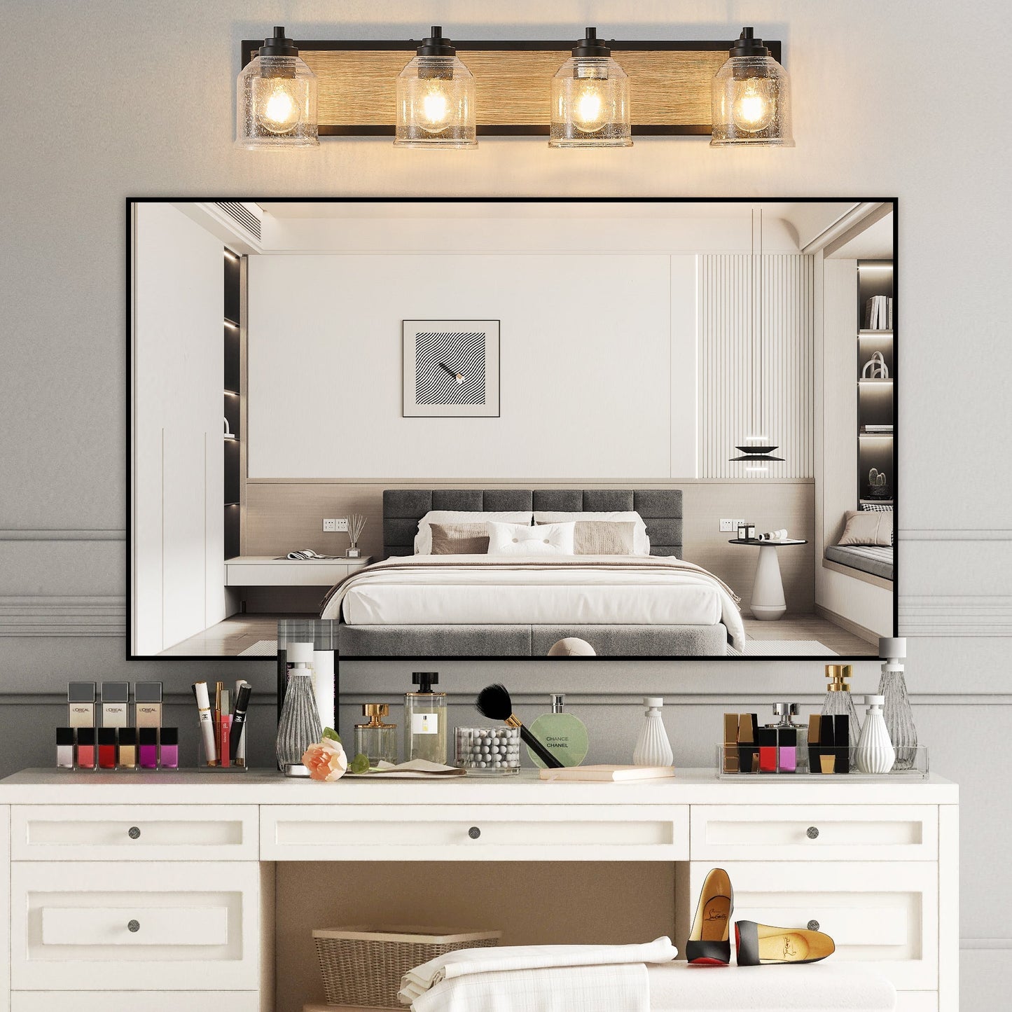 Farmhouse Vanity Light Fixture, 4-Light Bathroom Wall Sconce With Clear Seeded Glass Shades, Rustic Black Finish