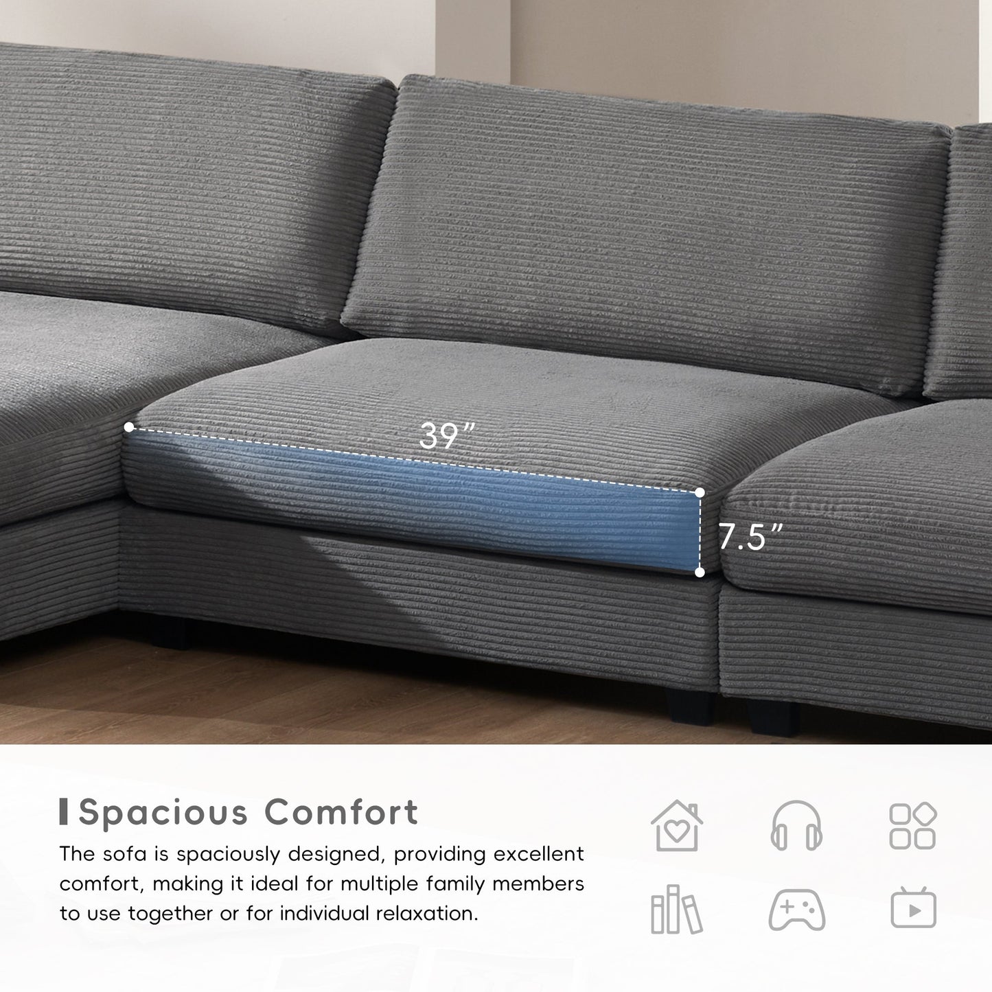 134*54"Oversized Corduroy Sectional Sofa,L Shaped Cloud Couch With USB Charging Port,Cup Holder,Deep Seat Sofa Bed