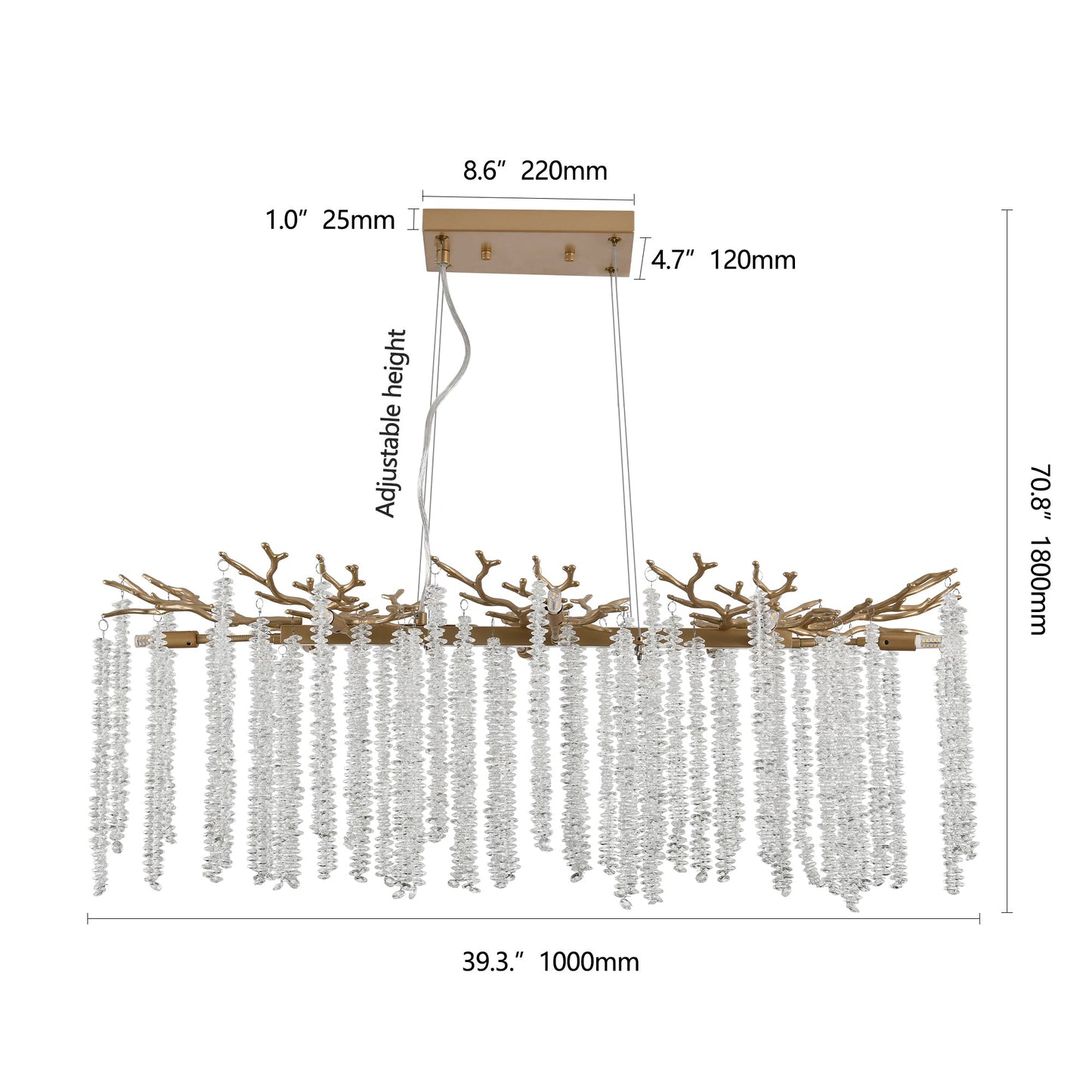 39.4-Inch Modern Golden Pendant Light With Cascading Crystal Strands, Ideal for Living Room, Dining Room and Foyer
