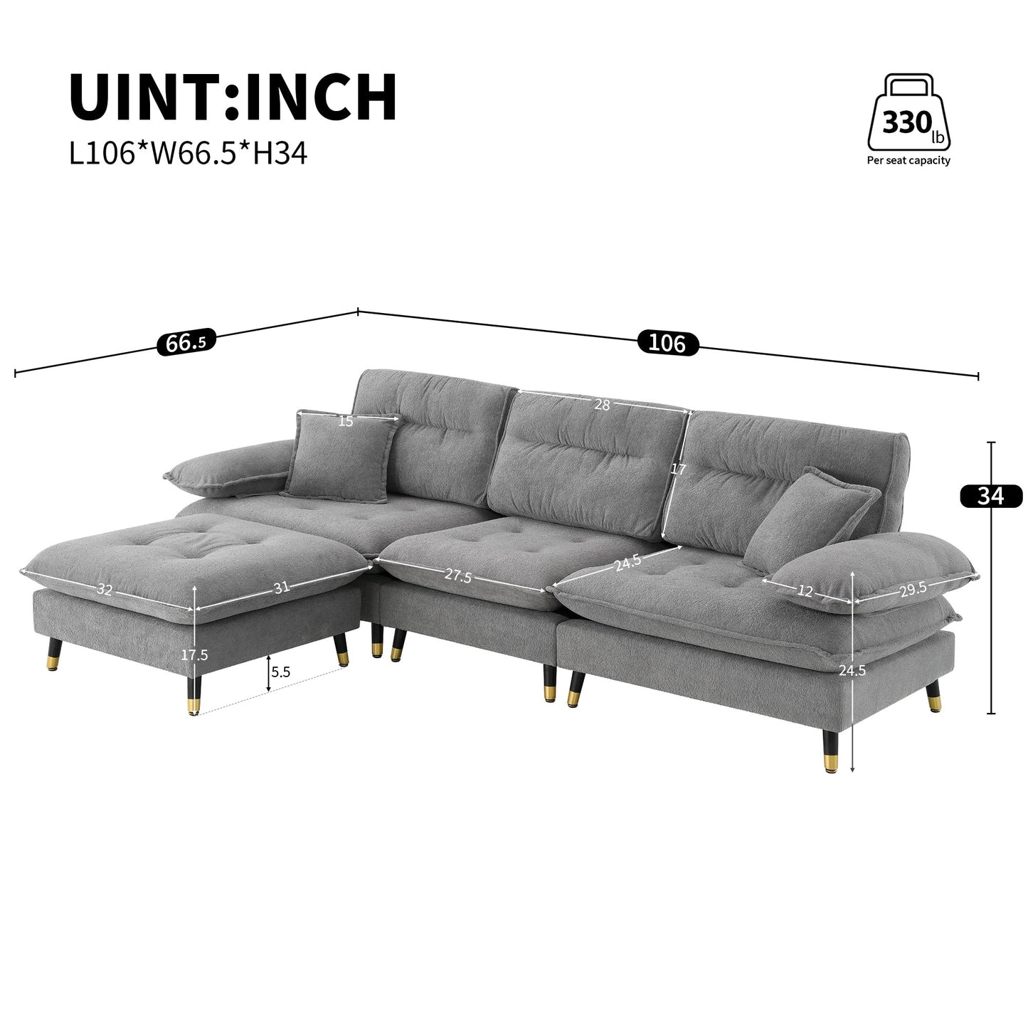 106*66.5" L Shaped Convertible Sectional Sofa,4 Seat Tufted Couch Set With Two-Tone Adjust Legs,Cloud Chenille Fabric