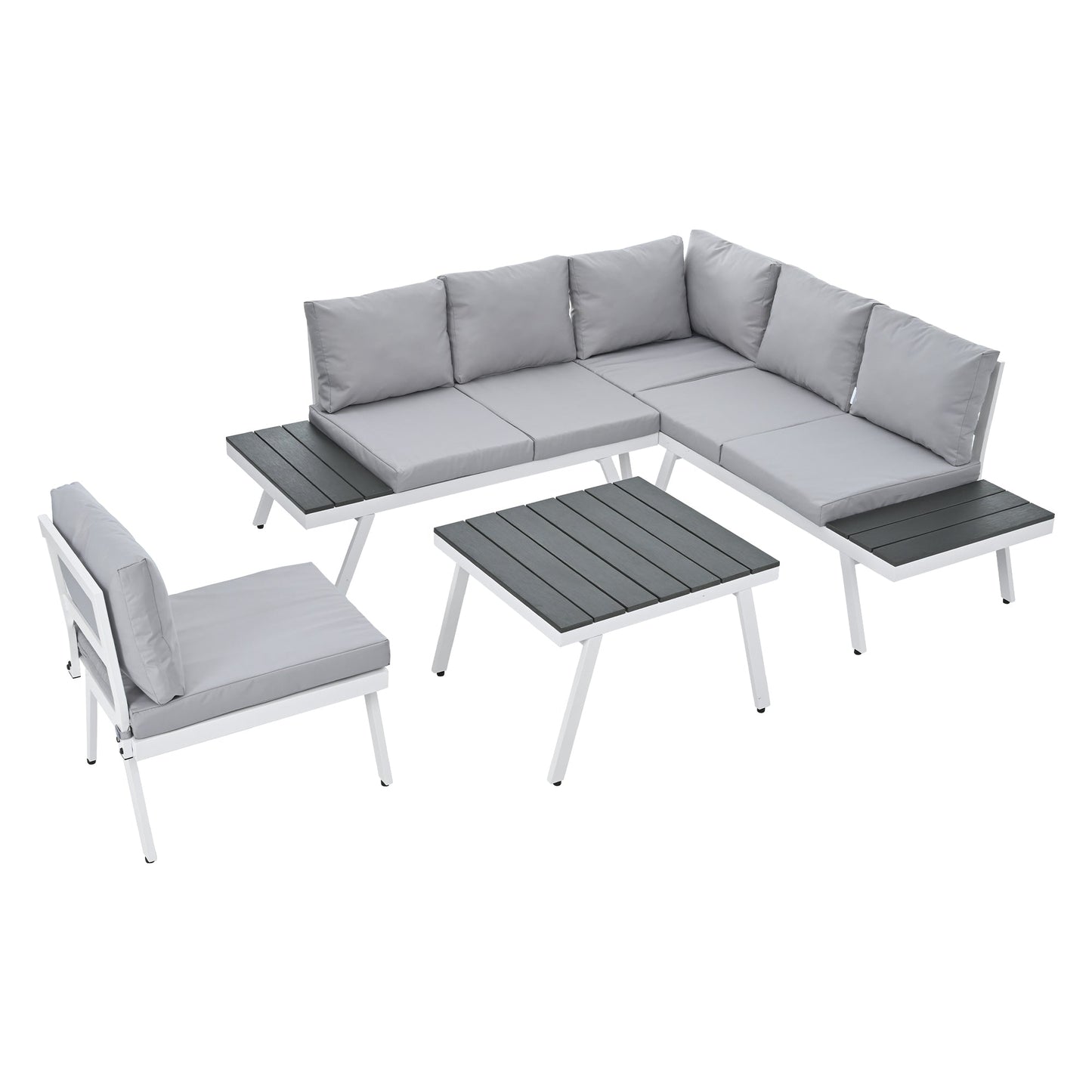 Industrial 5-Piece Aluminum Outdoor Patio Furniture Set, Modern Garden Sectional Sofa Set With End Tables, Coffee Table