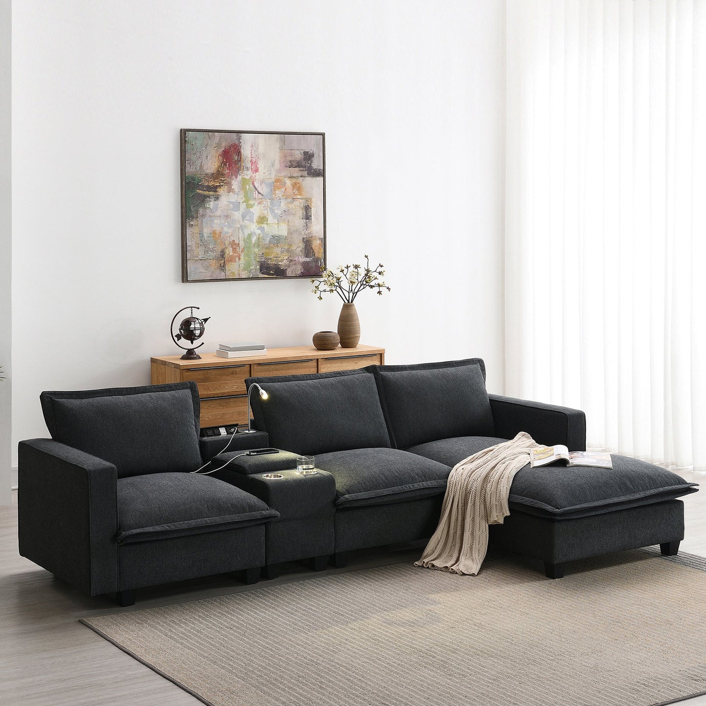 109*57" Modern Sectional Cloud Sofa With Console,USB Charger,Reading Light,Cup Holder,Wide Seat,4 Seat Chenille Modular