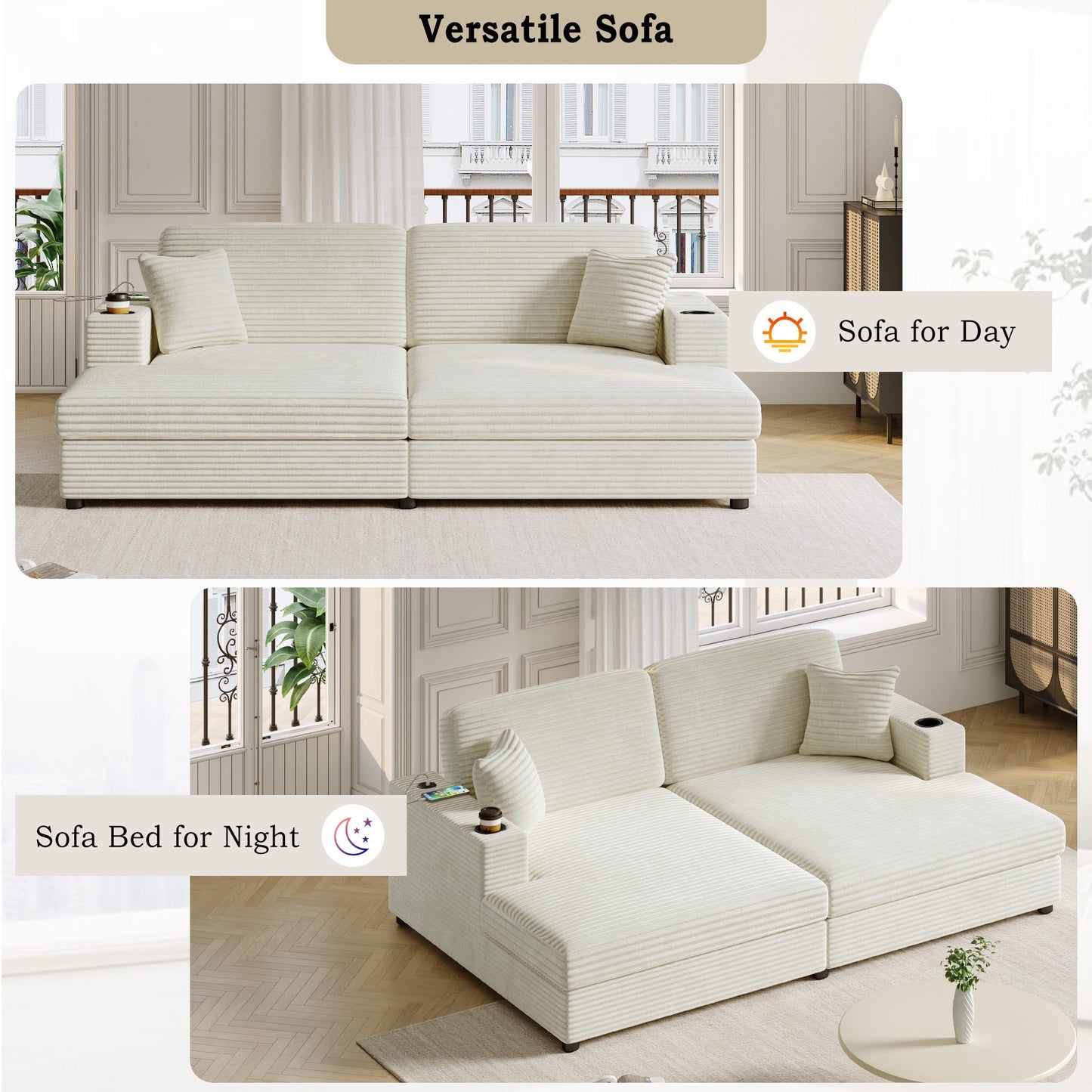 86.5" Oversized Loveseat Chaise Lounge Sectional Sofa Bed Corduroy Sleeper Sofa With Two USB Ports , Two Cup Holders