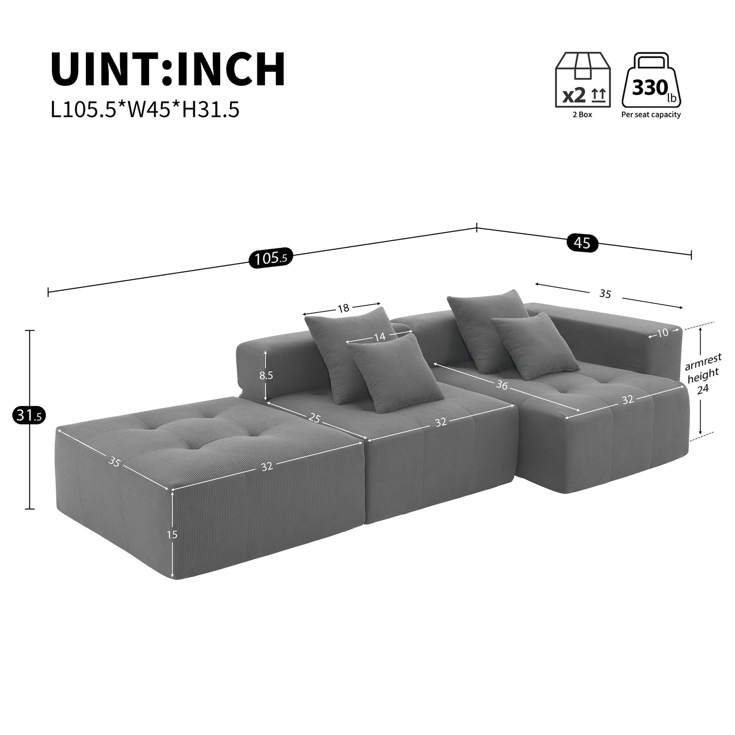 105.5''L Shaped Modular Sectional Sofa,Minimalist Corduroy Floor Couch Set,Convertible Foam-Filled Cloud Compressed Couch
