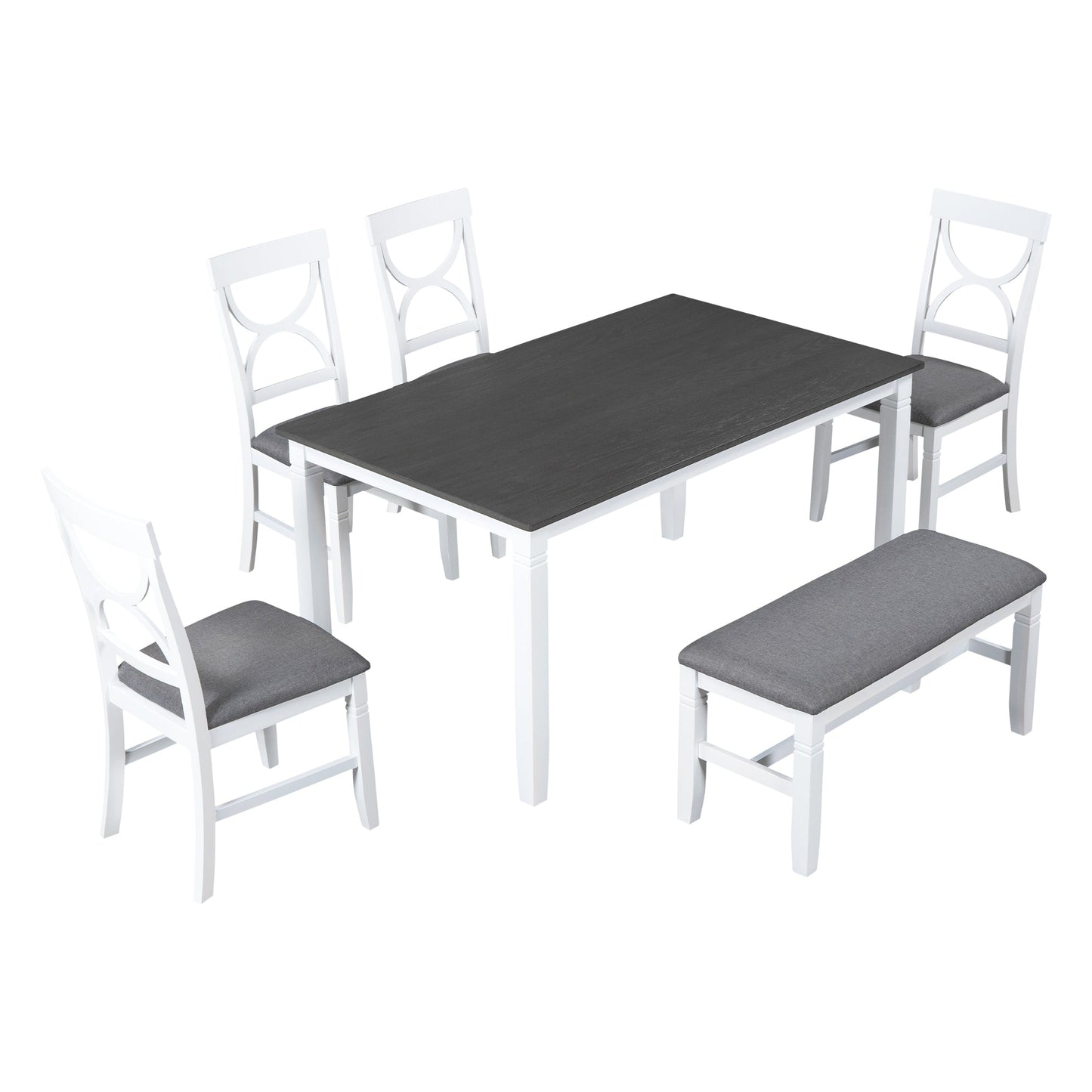 6-Piece Wood Dining Table Set Kitchen Table Set With Upholstered Bench and 4 Dining Chairs, Farmhouse Style,Gray+White