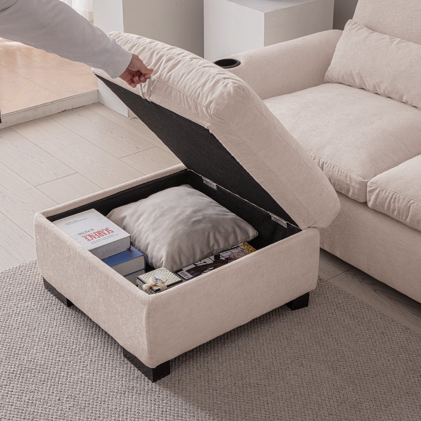 114.5"Modern Modular L Shaped Chenille Sofa Couch Reversible Ottoman With Storage Removable and Washable Cushions Sofa