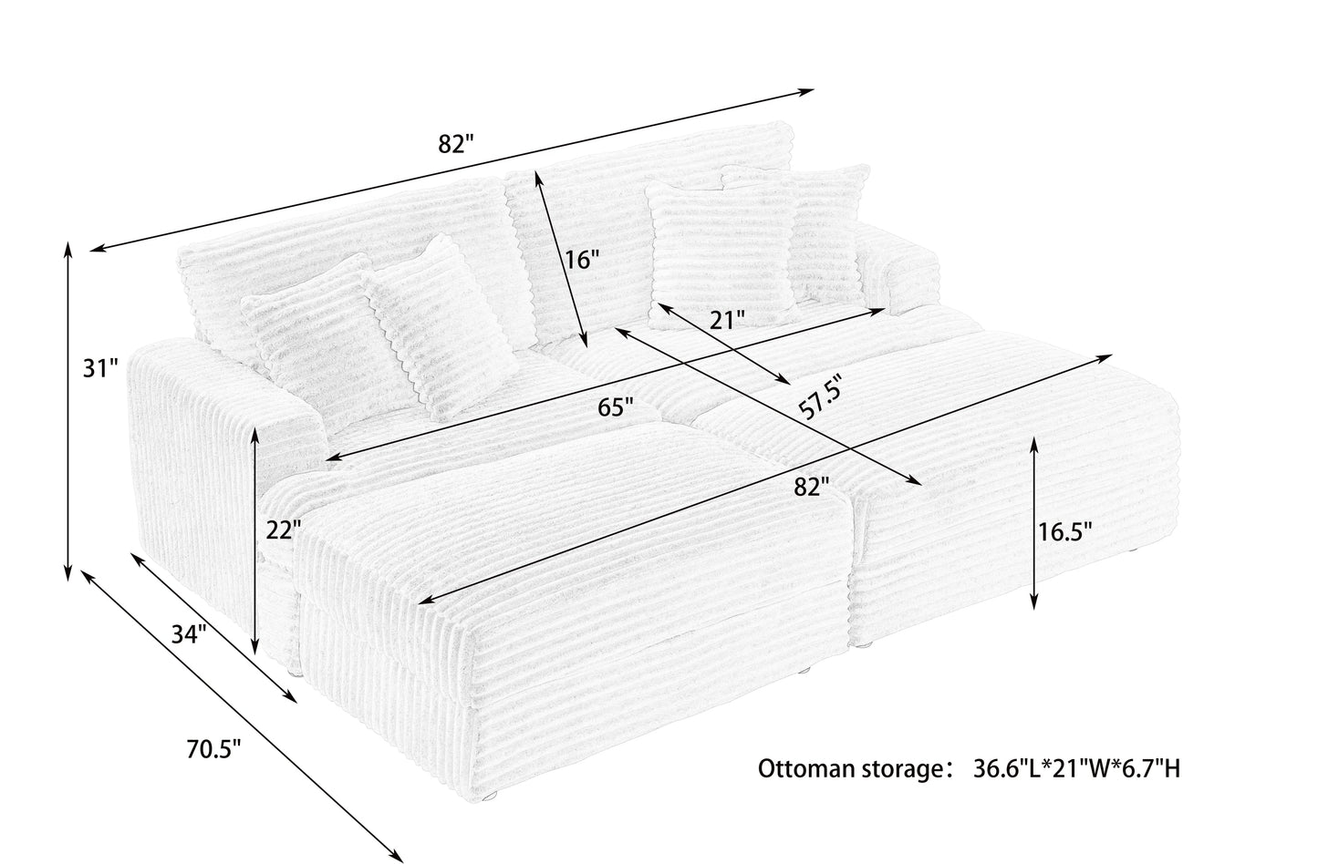 82 Inches Gray Corduroy Sofa, Two Storage Feet +4 Throw Pillows, Create a Living Room, Office Fashion New Darling
