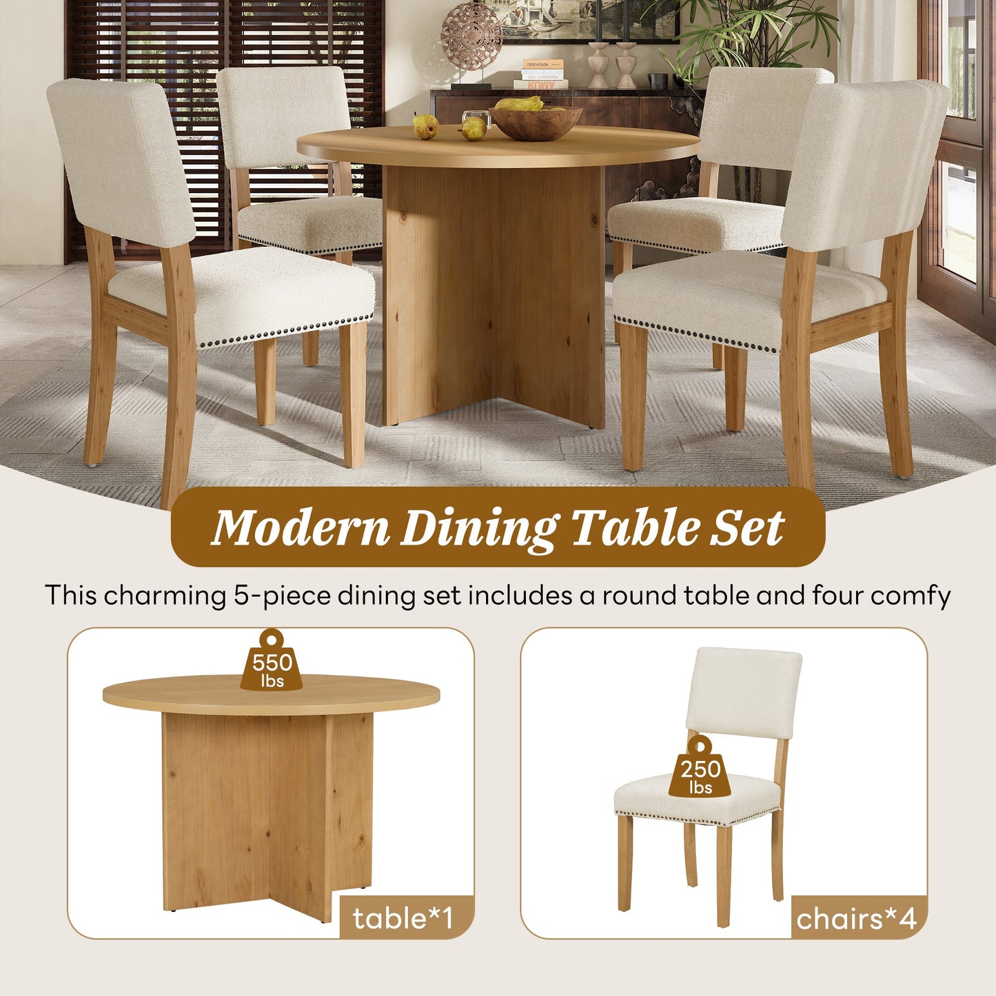 Modern 5-Piece Round Dining Table Set Pedestal Kitchen Table Set With 4 Upholstered Dining Chairs