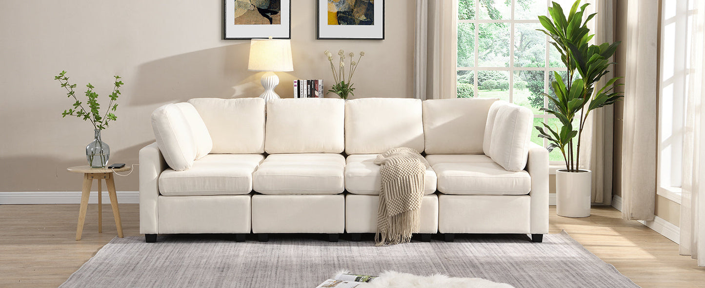 103" Sectional Sofa Couch Sofa Bed U-Shaped Sofa With Two Movable Ottoman and Three USB Ports for Living Room, Beige