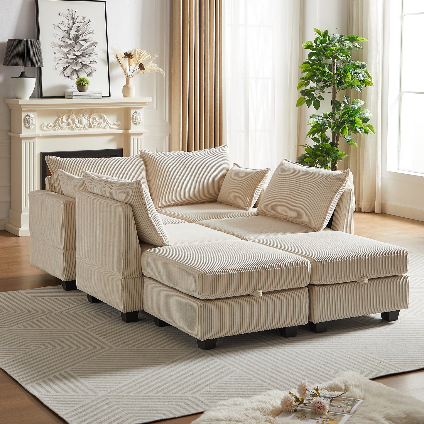 113.5'' Modular Sectiona Corduroy Sofa, Sectional Couches for Living Room U Shaped Sectional Couch With Storage Ottoman