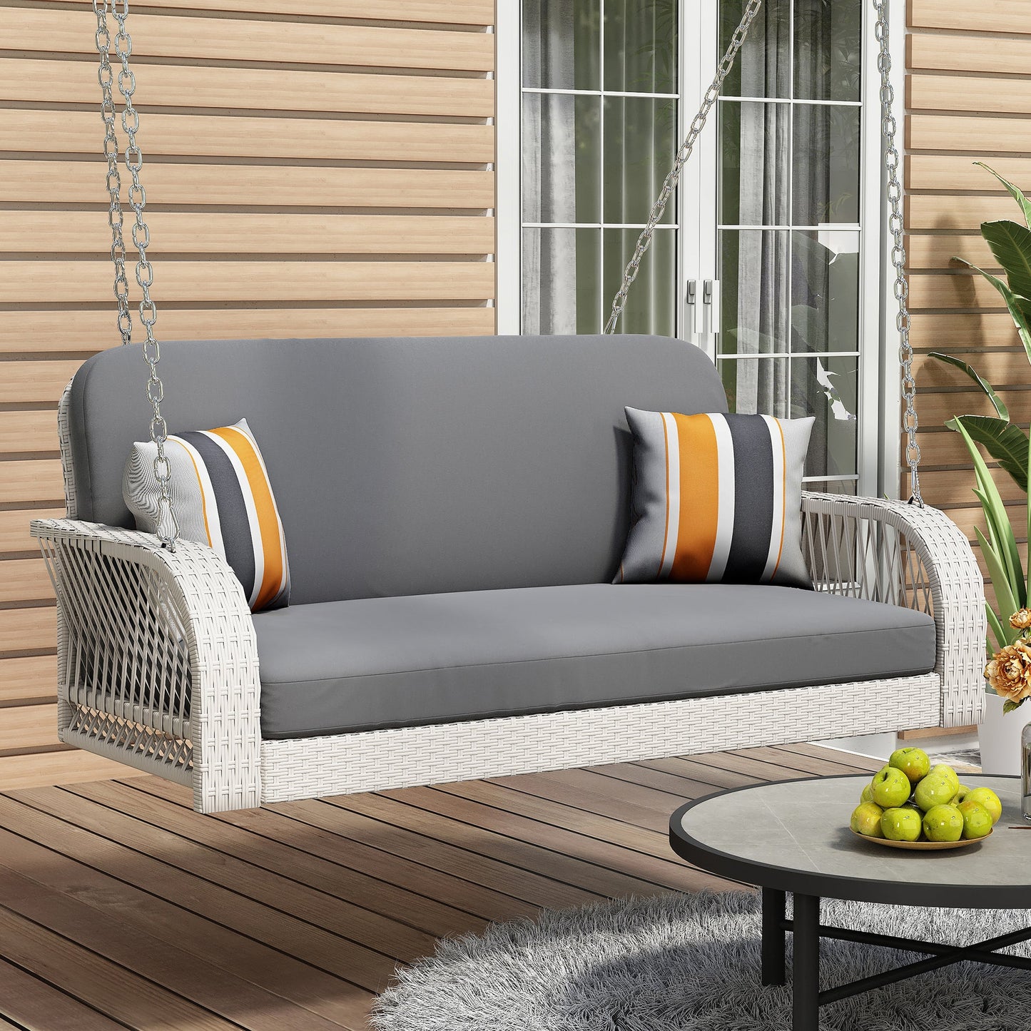PE Wicker Porch Swing, 2-Seater Hanging Bench With Chains, Patio Furniture Swing for Backyard Garden Poolside