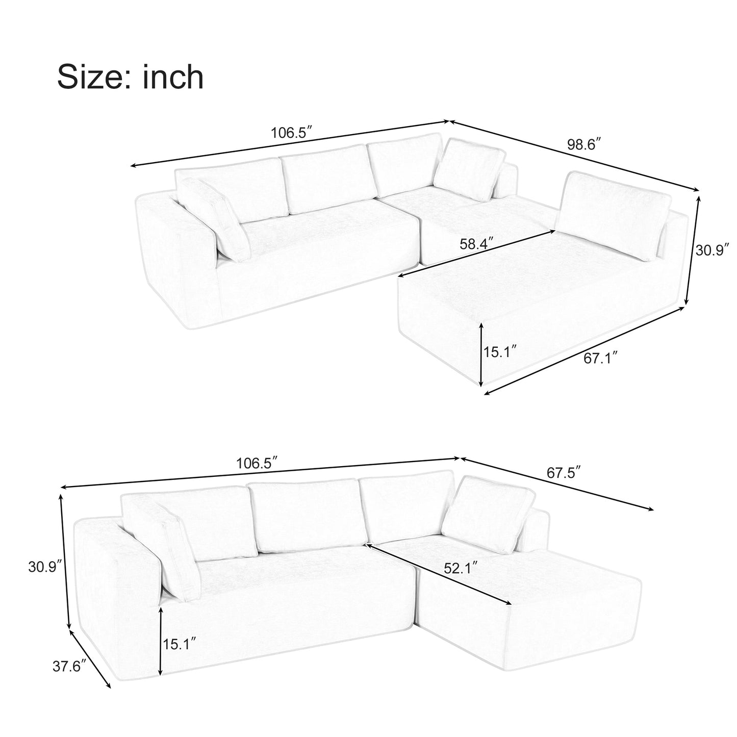 Modern Large Modular Sectional Sofa for Living Room, Bedroom, Salon, 3 Piece Free Combination