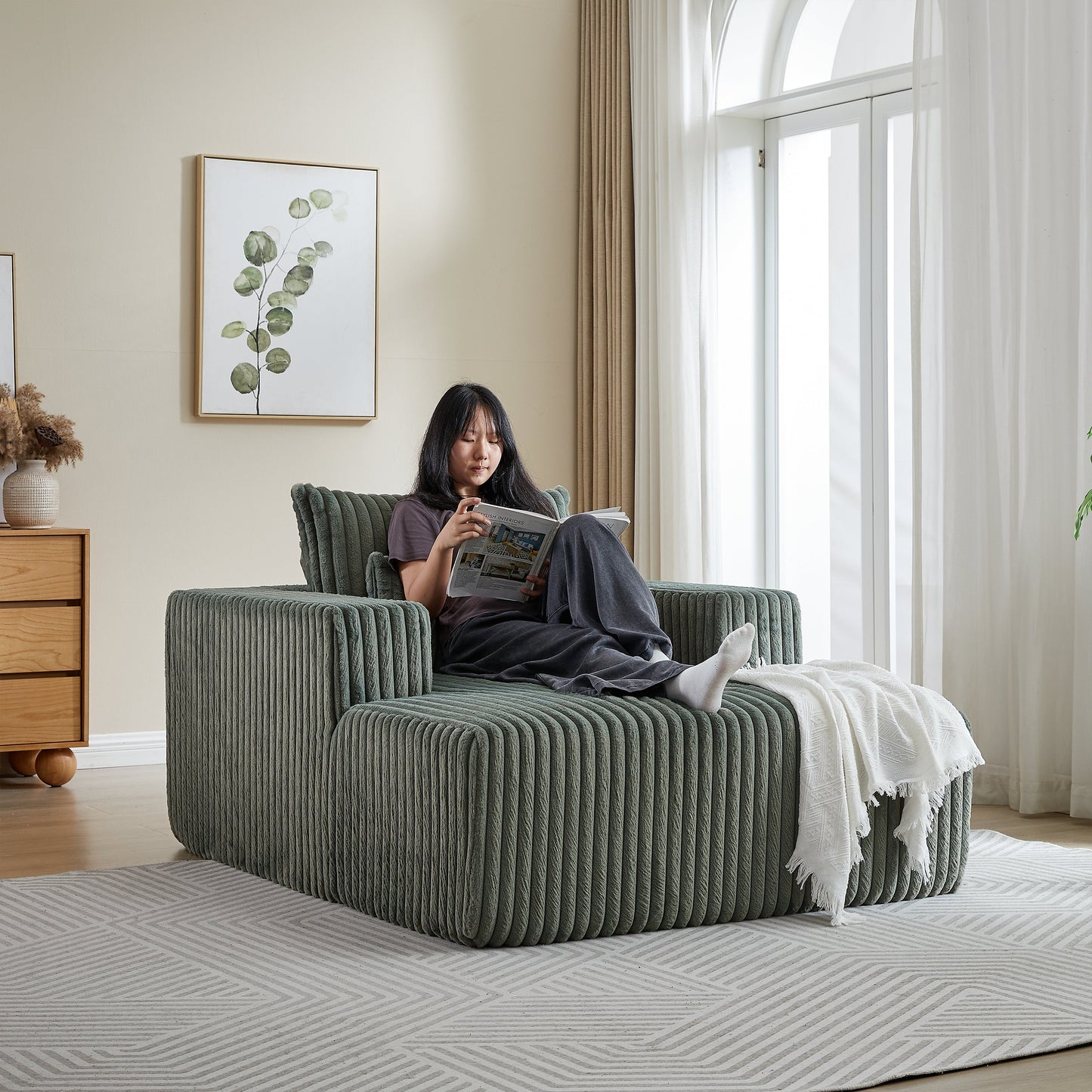 62.5-Inch Corduroy Sponge Sofa Lounge Chair,No Assembly Required,Fluffy Modern Sleeper Chair for Indoor Living Room