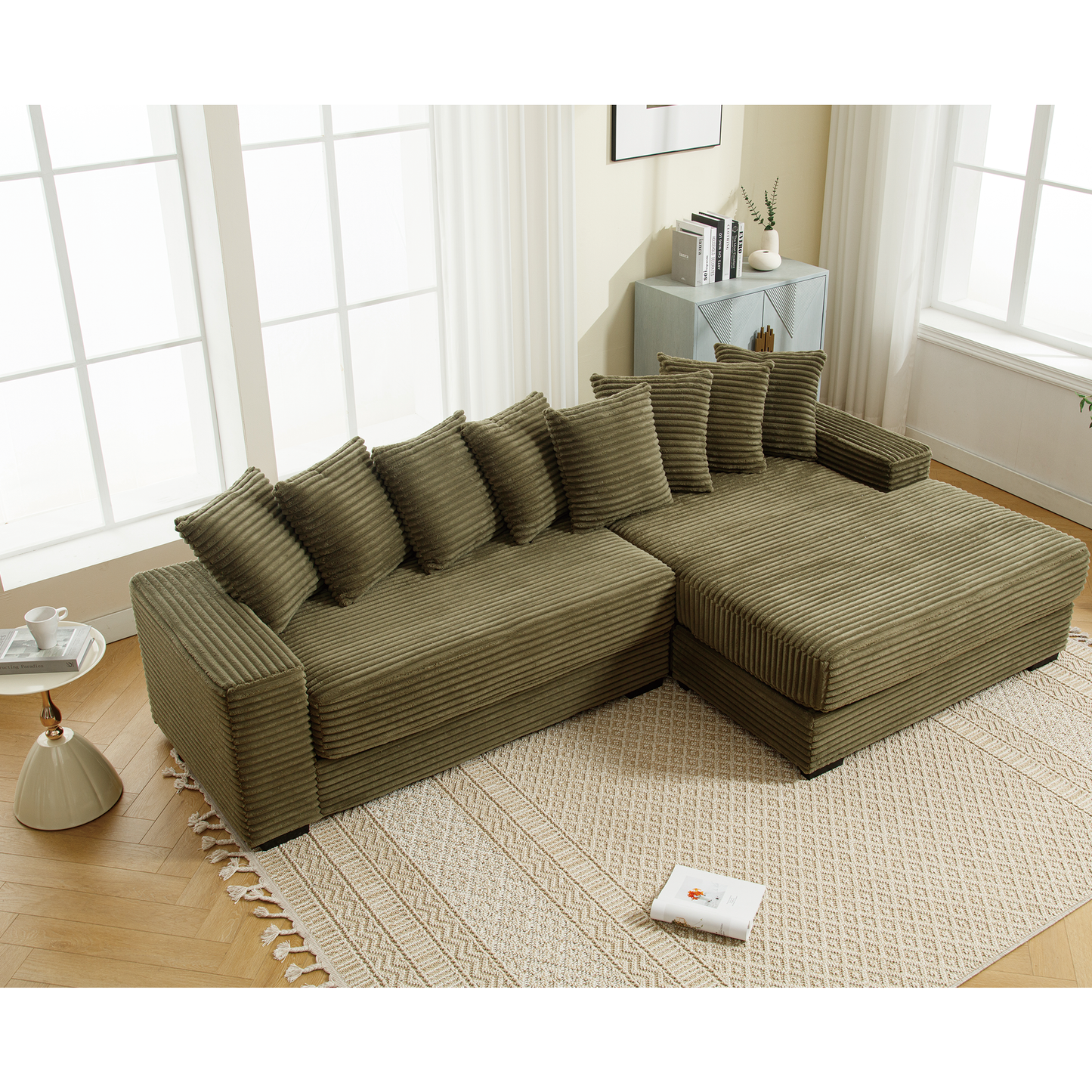 Oversized Two-Piece Couches, L Shaped Sofa, Corduroy, Right Chaise Daybed,with Armrests,Eight Throw Pillows,Corner Sofa