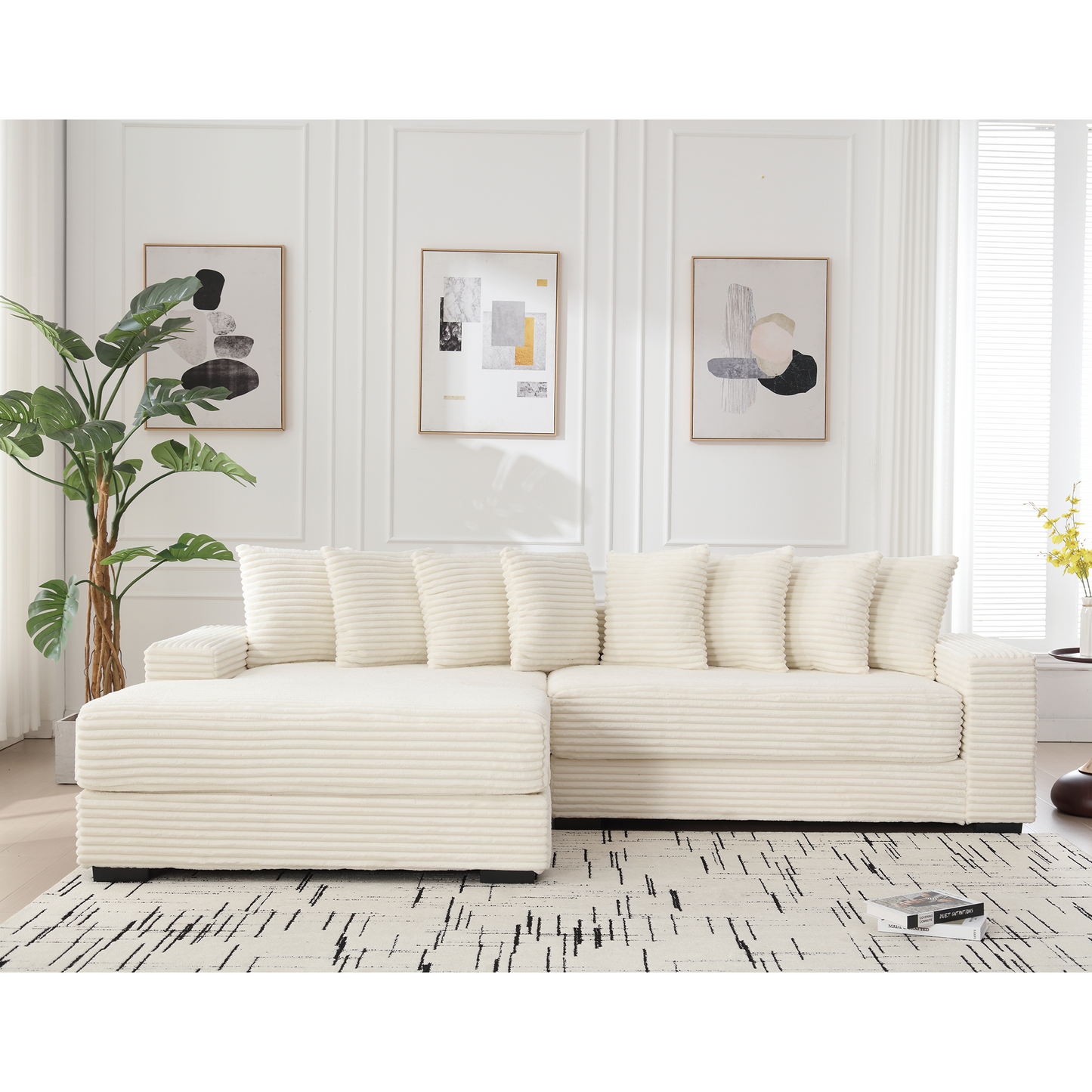 Oversized Two-Piece Couches, L Shaped Sofa, Corduroy, Left Chaise Daybed,with Armrests,Eight Throw Pillows,Corner Sofa