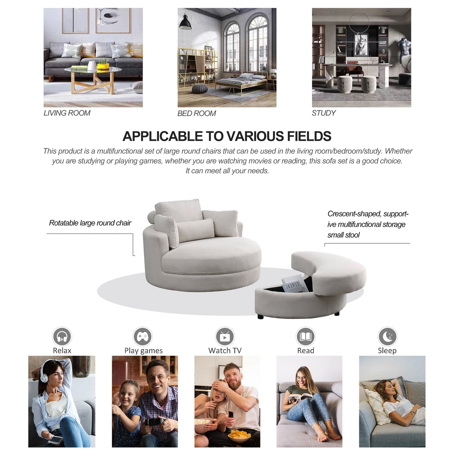 Swivel Accent Barrel Modern Sofa Lounge Club Big Round Chair With Storage Ottoman Linen Fabric for Living Room