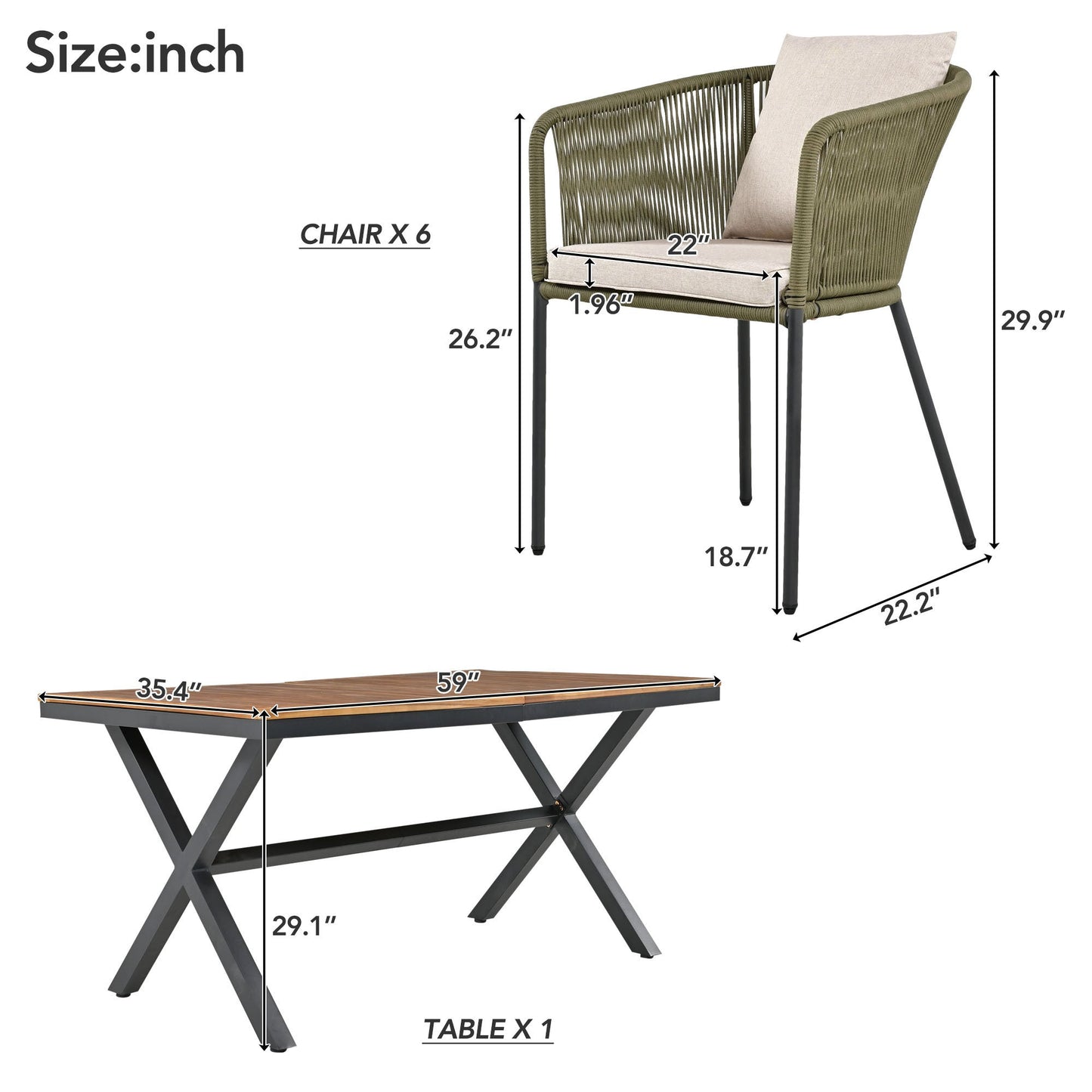 7 Pieces Patio Dining Set, All-Weather Outdoor Furniture Set With Dining Table and Chairs, Acacia Wood Tabletop