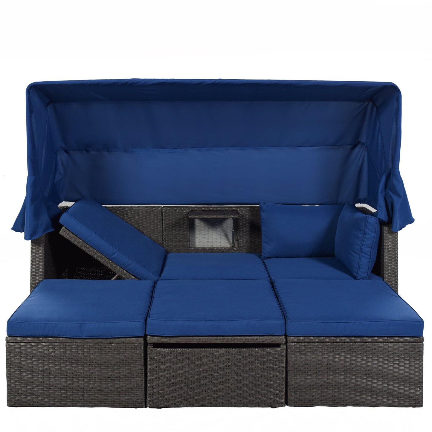 Outdoor Patio Rectangle Daybed With Retractable Canopy, Wicker Furniture Sectional Seating With Washable Cushions