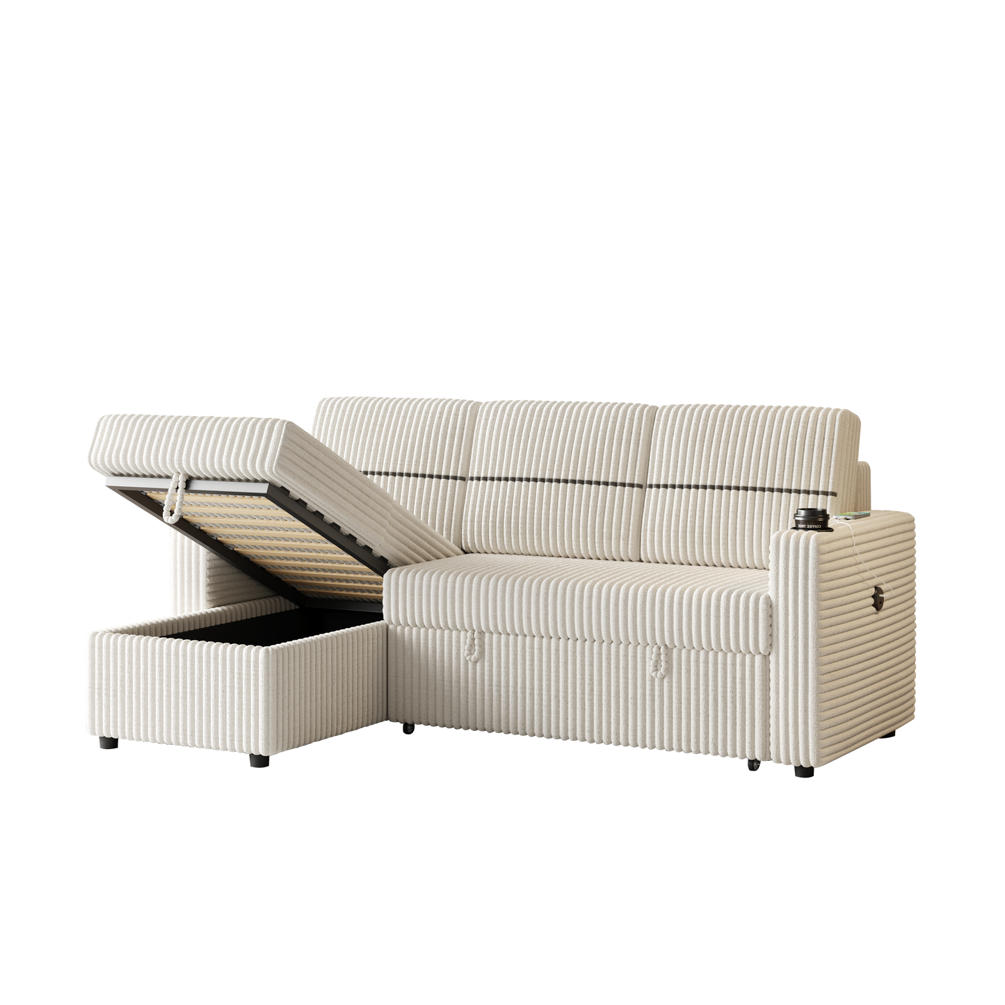 85 Inches Corduroy Sofa Bed, 3 Seater Sleeper Sofa With Storage Chaise, Square Handrail With Two Cup-Holder and USB Charger