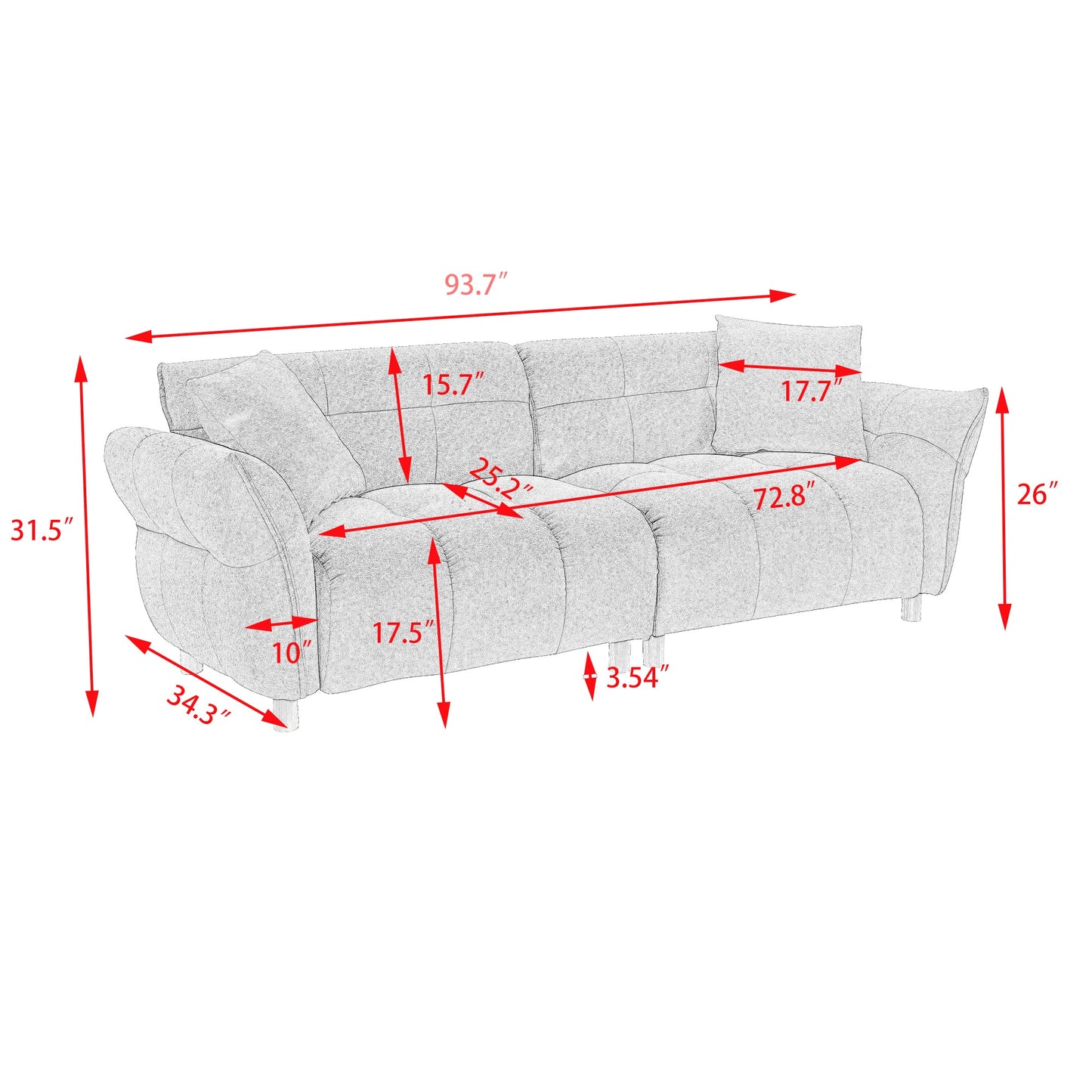 93.70 Inches Long, Teddy Sofa Fabric,with Two Matching Pillows and Three Spacious and Comfortable Seats