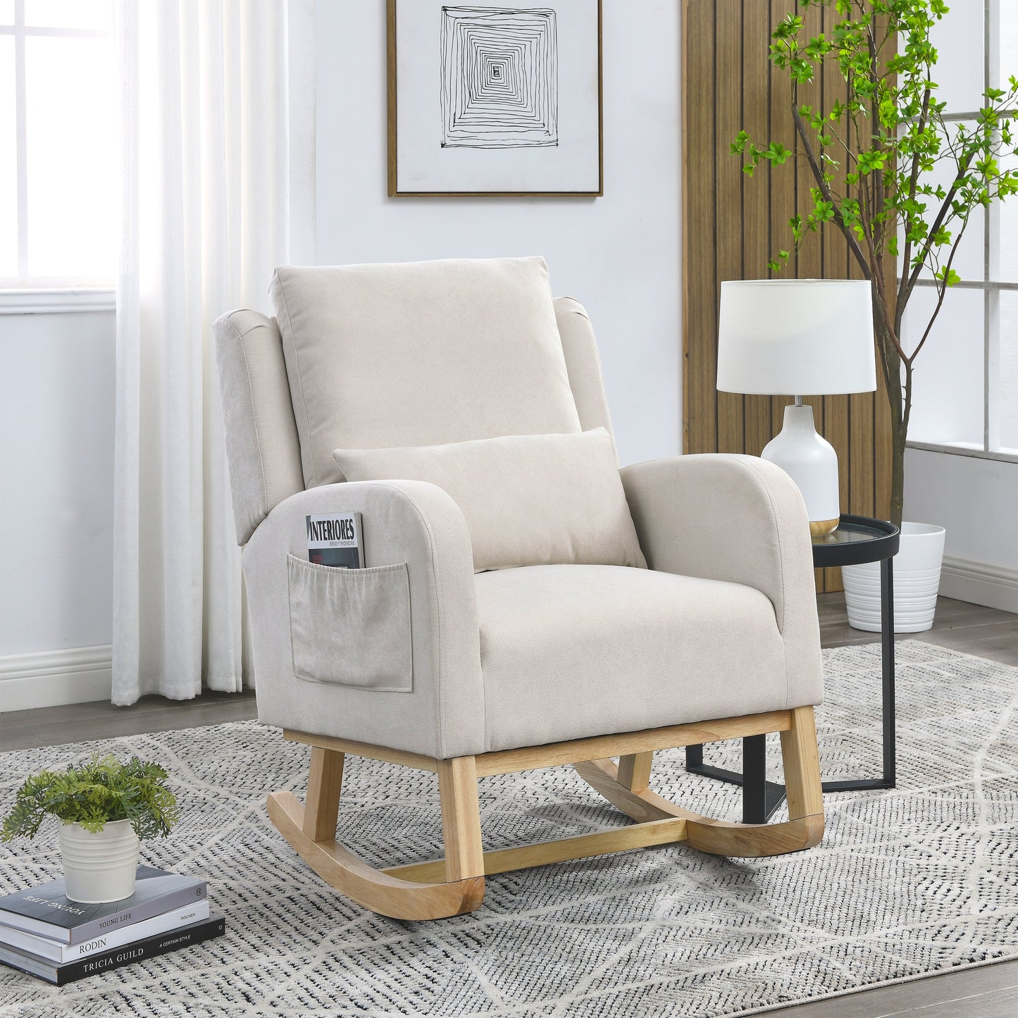 27.5 "W Modern Accent High Back Living Room Casual Armchair Rocker With One Lumbar Pillow, Two Side Pockets