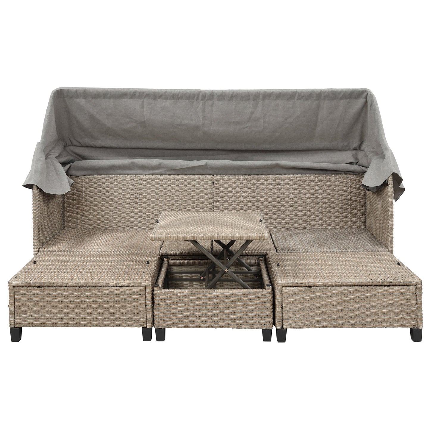 4 Piece UV-Proof Resin Wicker Patio Sofa Set With Retractable Canopy, Cushions and Lifting Table,Brown