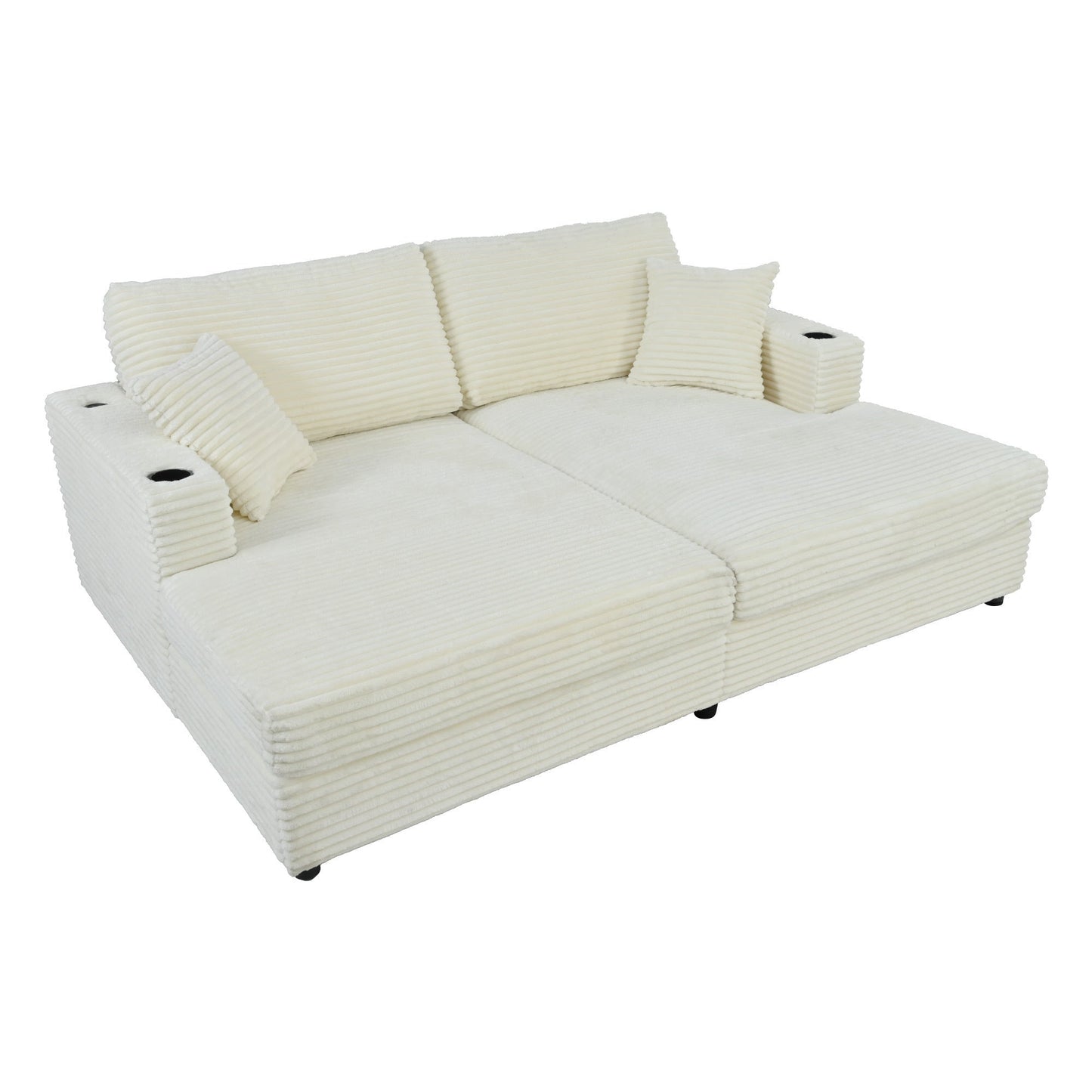 86.5" Oversized Loveseat Chaise Lounge Sectional Sofa Bed Corduroy Sleeper Sofa With Two USB Ports , Two Cup Holders