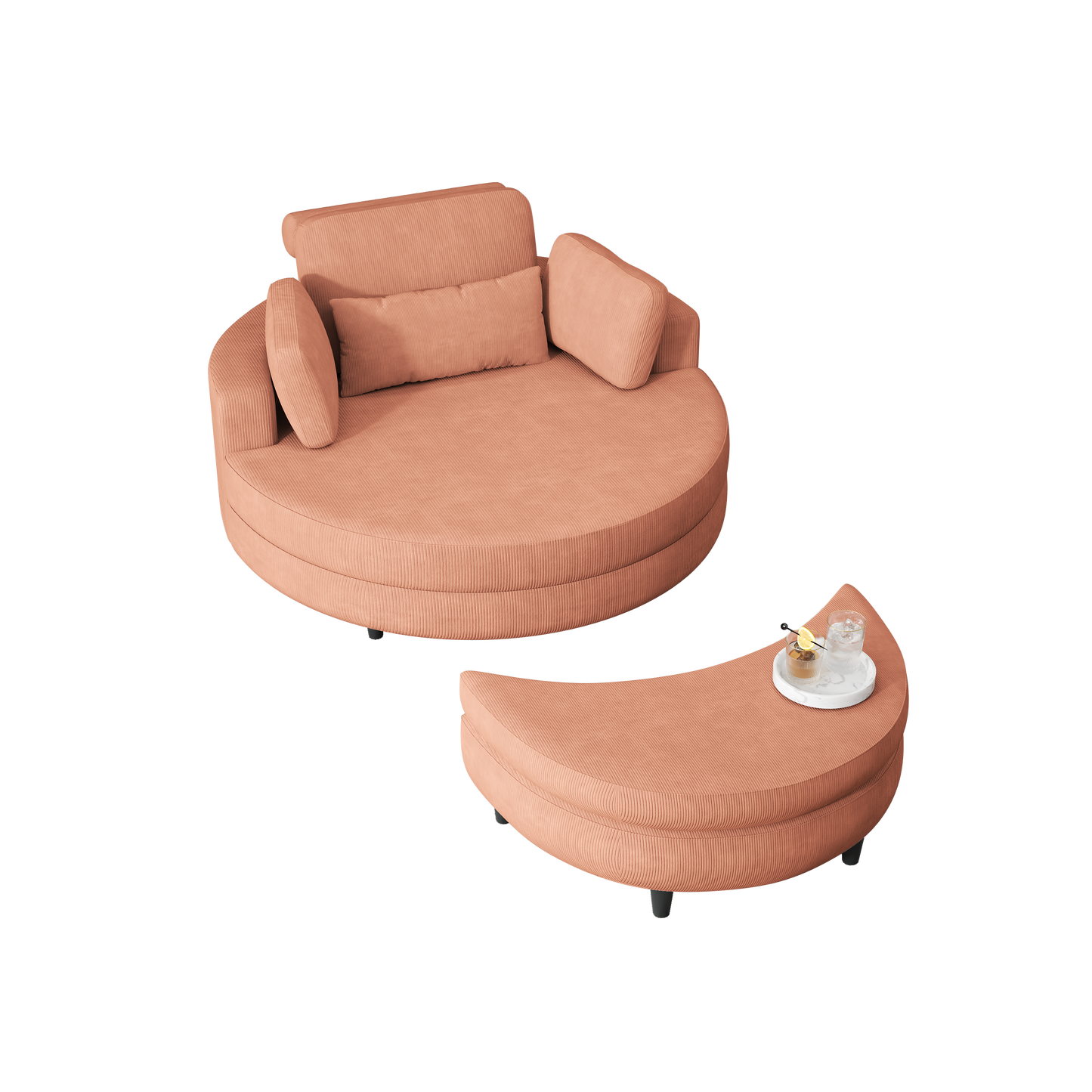 A 51-Inch Orange Corduroy Sofa With Two Throw Pillows, a Waist Pillow and an Extra Tray Is Comfortable