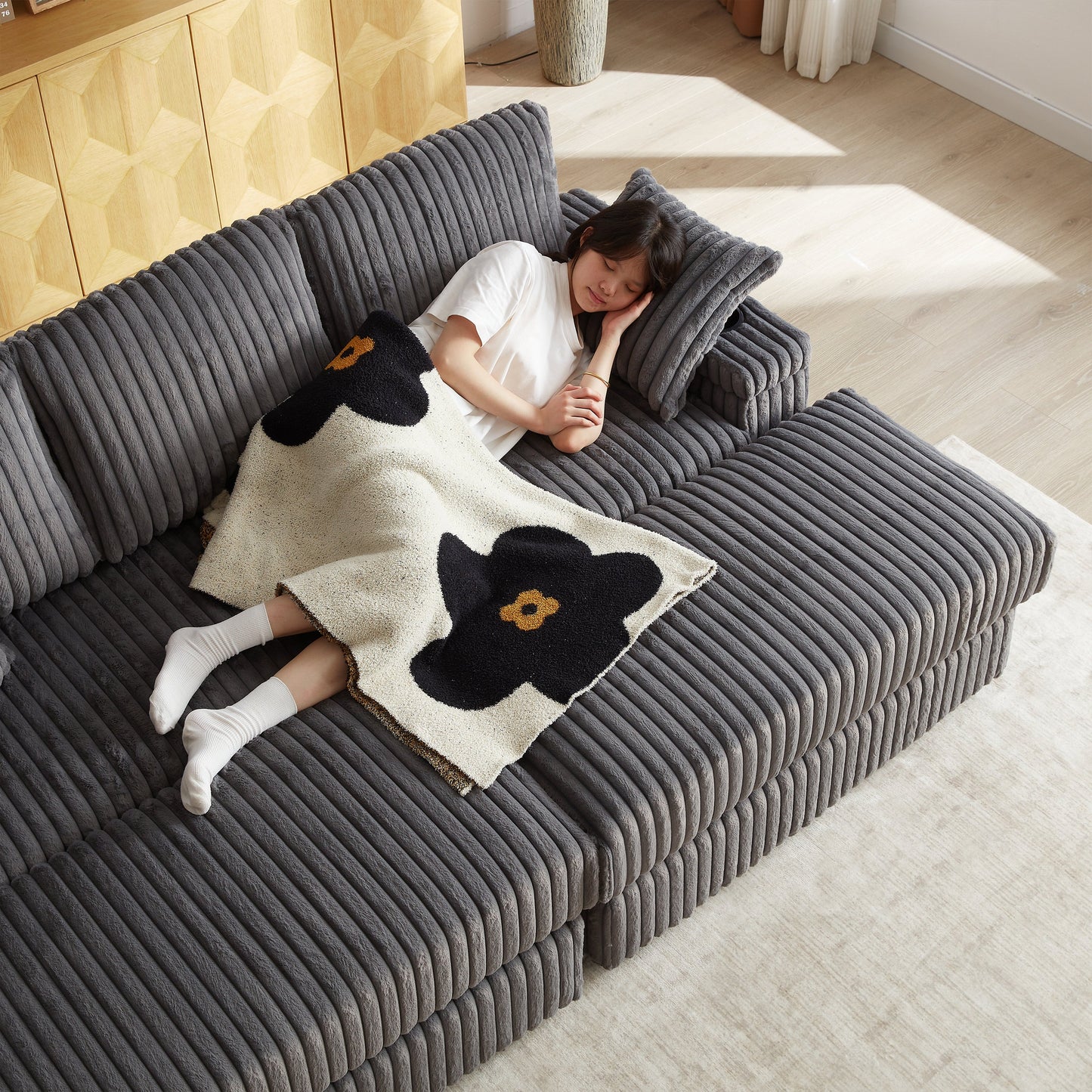 84Inch Corduroy 3-Seater Sofa With 3 Back Pillows ,2 Toss Pillows , a Ottoman ,2storage Spaces and Cup-Holding Grooves