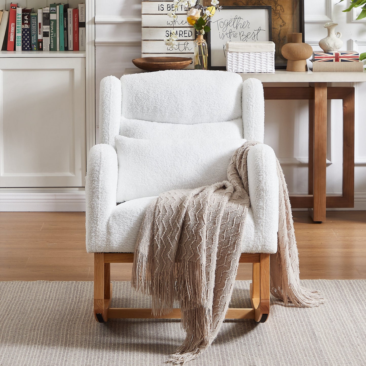 Modern Accent High Backrest Living Room Lounge Arm Rocking Chair, Two Side Pocket