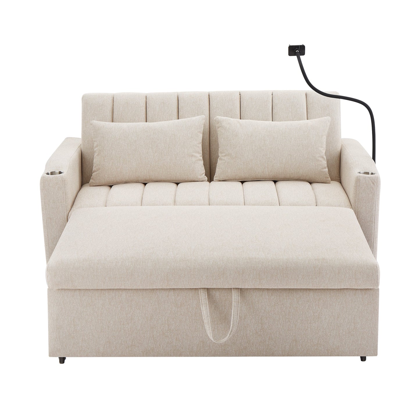 55.9" Convertible Sofa Bed Loveseat Sofa With Three USB Ports, Two Side Pockets, Two Cup Holders